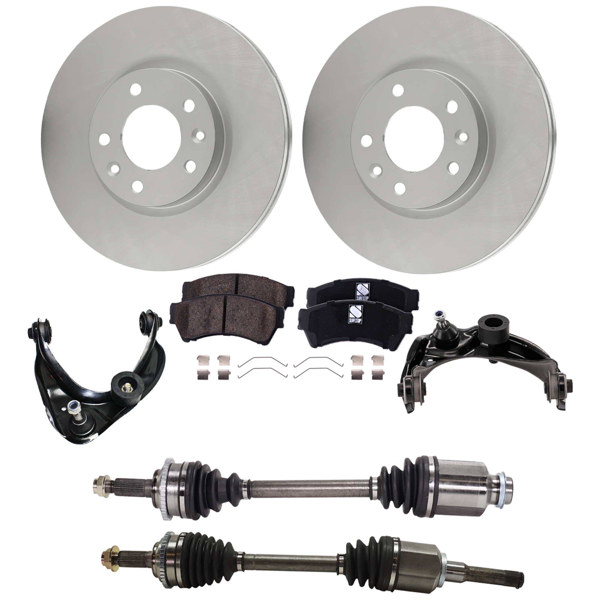 AM FUSION 10-12 MILAN 10-11 FRONT CV AXLE ASSEMBLY RH AND LH 8 pc kit with Brake Discs Brake Pad Set and Control Arms SKU KIT 121325 AE310 OEM 6E5Z1125AA PFM 6E5Z2001B 6E5Z2