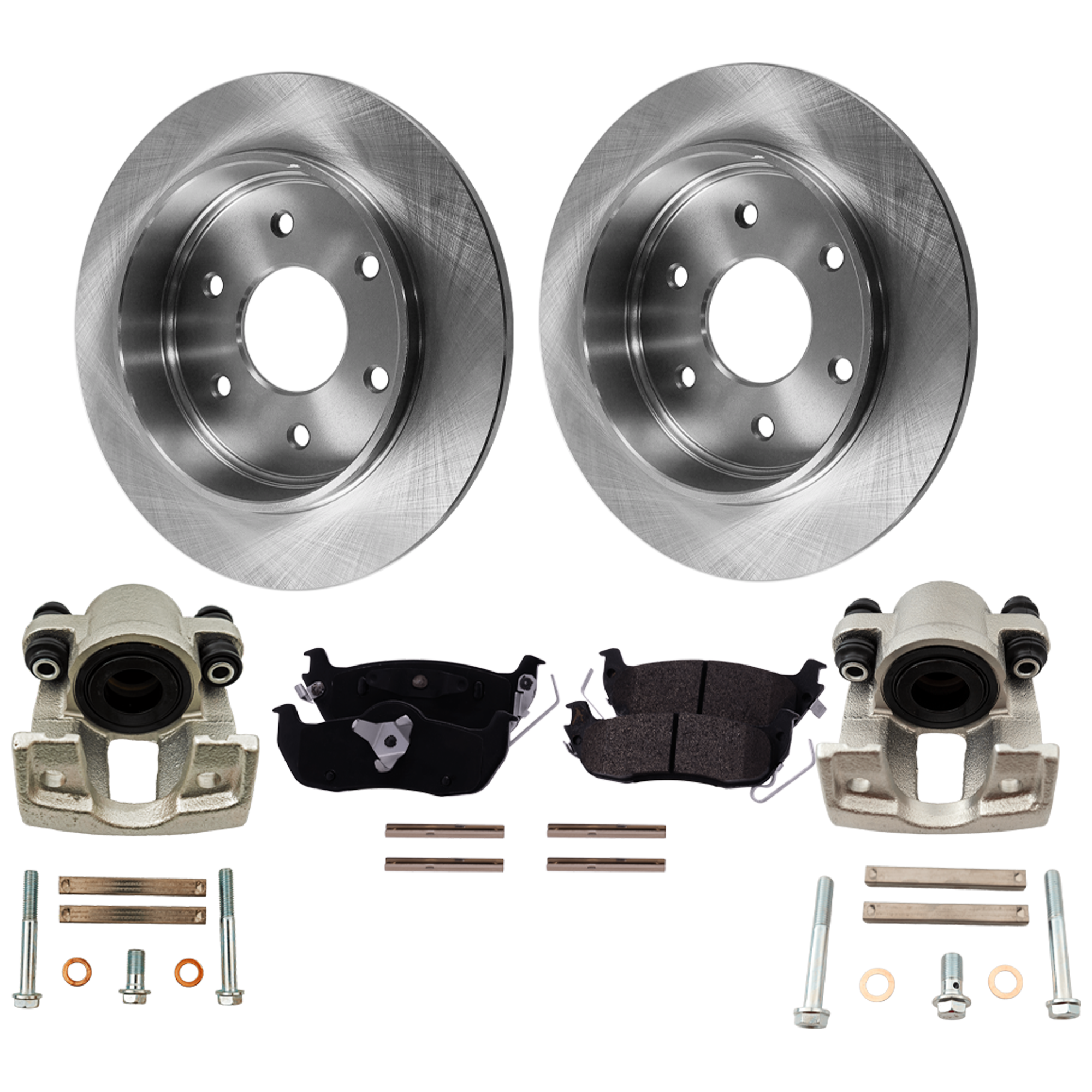AM ARMADA 05-15 TITAN 04-15 REAR BRAKE KIT WITH CALIPERS 2 Wheel Set Includes 2 Brake Caliper 2 Brake Disc and 1 Brake Pad Set Plain Surface 6 Lugs Cast Iron Semi Metallic SKU KIT 121424-101 OEM 432067S000-440607S025-44060ZC0