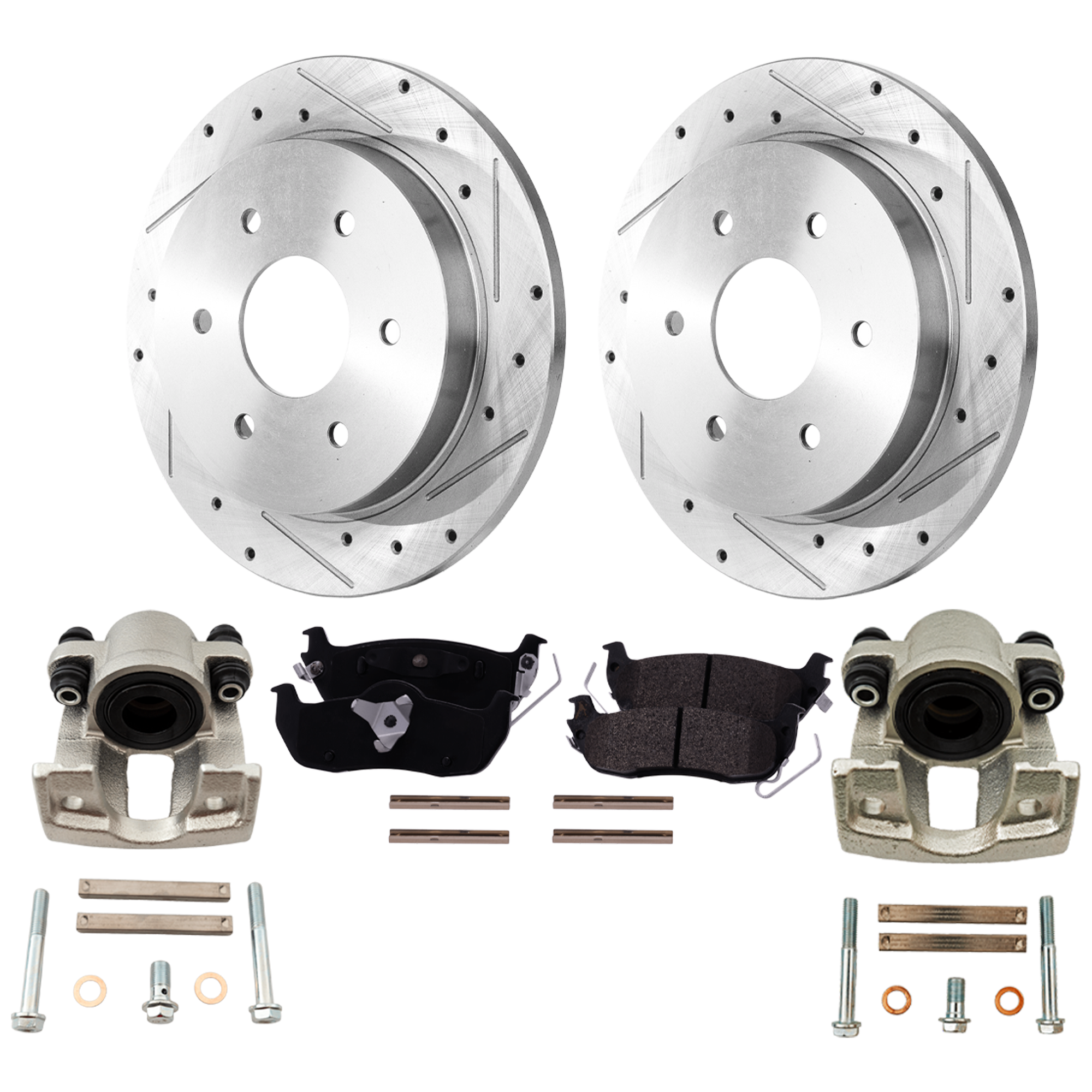 AM ARMADA 05-15 TITAN 04-15 REAR BRAKE KIT WITH CALIPERS 2 Wheel Set Includes 2 Brake Caliper 2 Brake Disc and 1 Brake Pad Set Cross drilled and Slotted 6 Lugs Cast Iron Semi Metallic SKU KIT 121424-102 OEM 31329-145475-0833011-980198-48