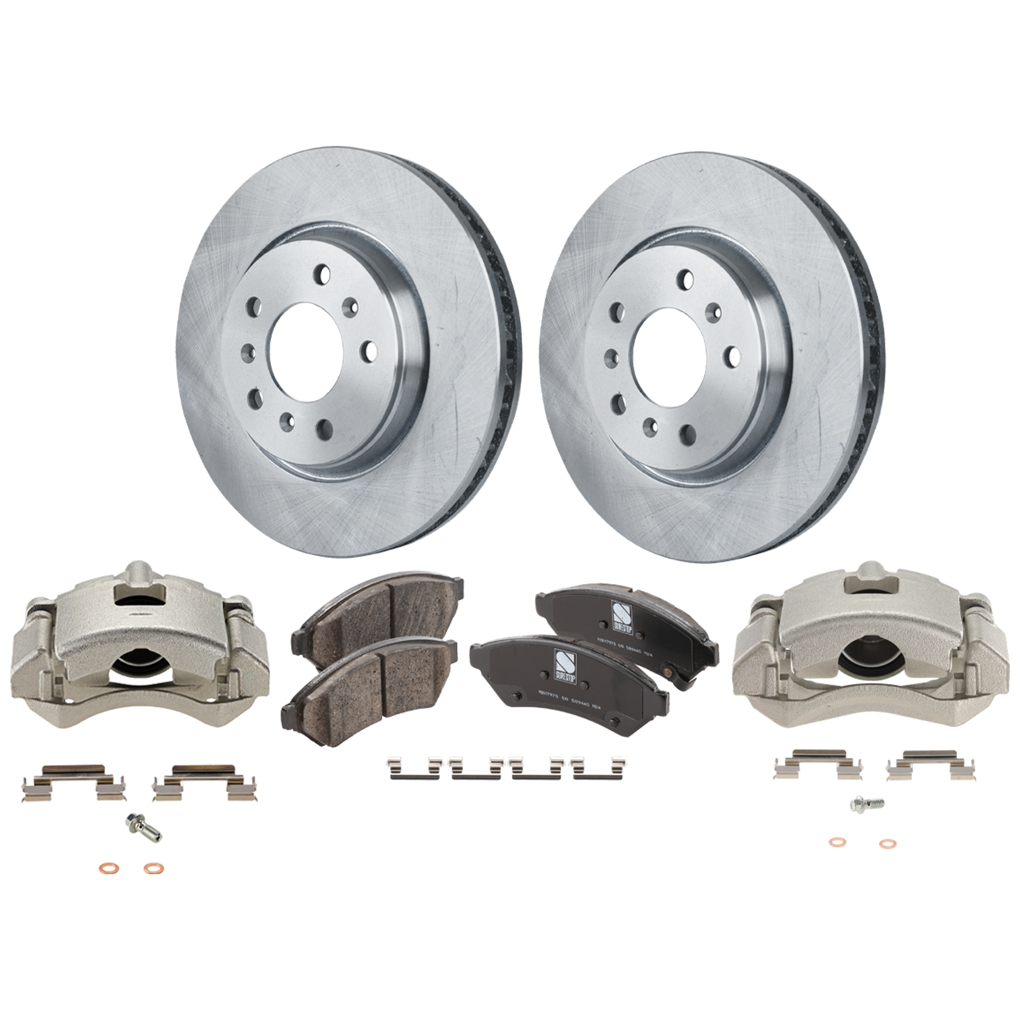 AM LACROSSE 05-09 FRONT BRAKE KIT WITH CALIPERS 2 Wheel Set Includes 2 Brake Caliper 2 Brake Disc and 1 Brake Pad Set Plain Surface 5 Lugs Cast Iron Ceramic SKU KIT 121424-103 OEM 18048698-19121389-19137369-889