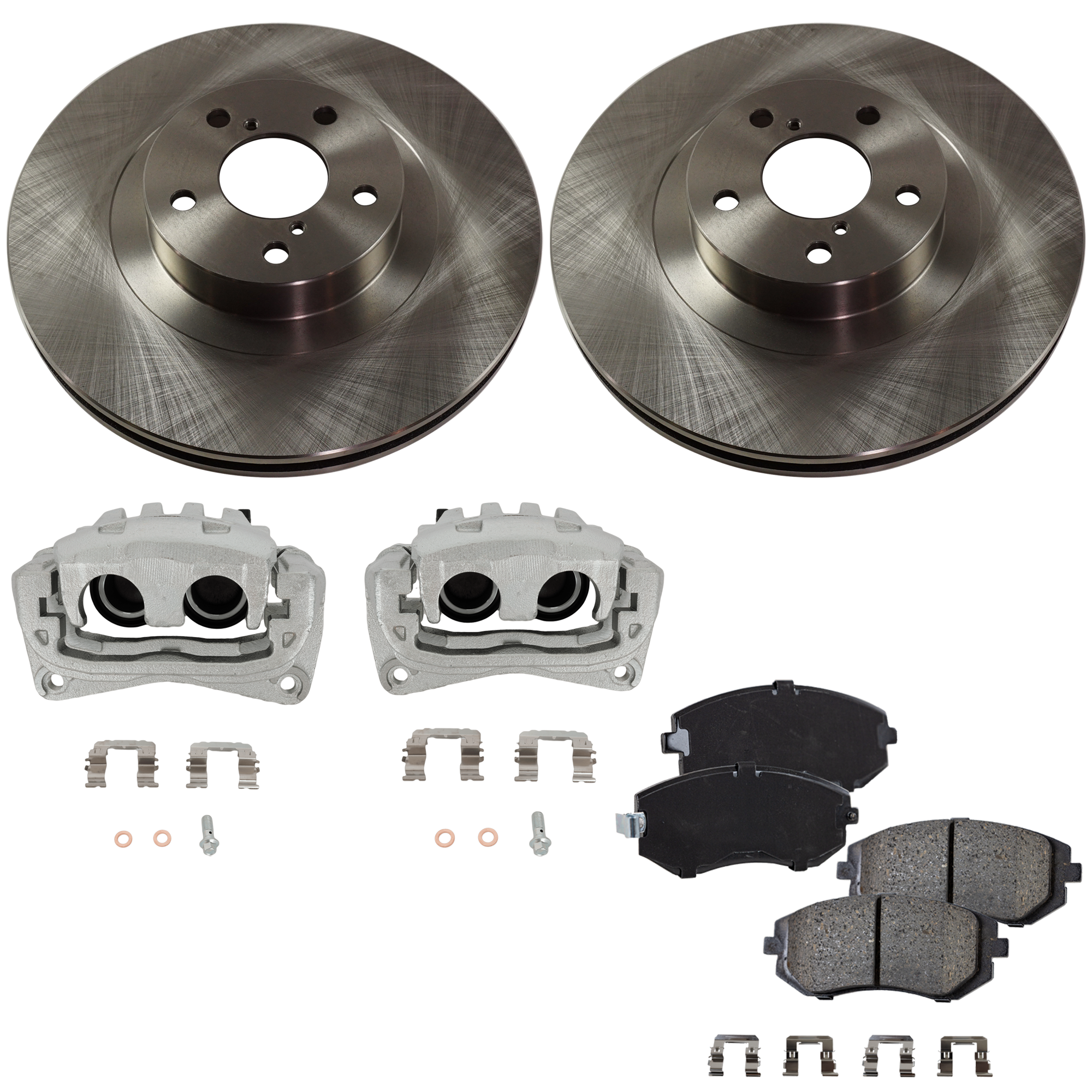 AM FORESTER 03-08 IMPREZA 03-05 FRONT BRAKE KIT WITH CALIPERS 2 Wheel Set Includes 2 Brake Caliper 2 Brake Disc and 1 Brake Pad Set Plain Surface 5 Lugs Cast Iron Ceramic SKU KIT 121424-109 OEM 26300AE060-26310AC040-26310AC0
