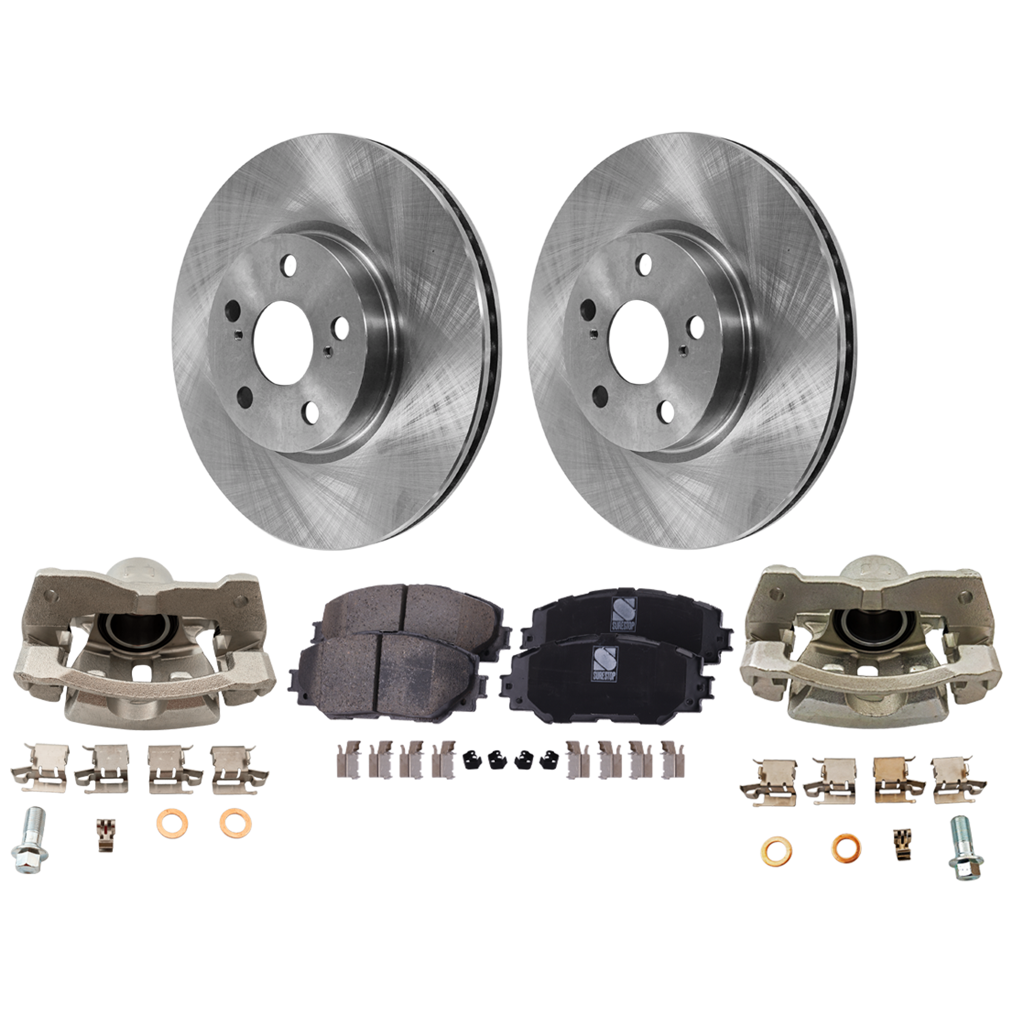 AM XD 08-14 COROLLA 09-19 FRONT BRAKE KIT WITH CALIPERS 2 Wheel Set Includes 2 Brake Caliper 2 Brake Disc and 1 Brake Pad Set Plain Surface 5 Lugs Cast Iron Ceramic SKU KIT 121424-113 OEM 4351202270-4351212710-43512022