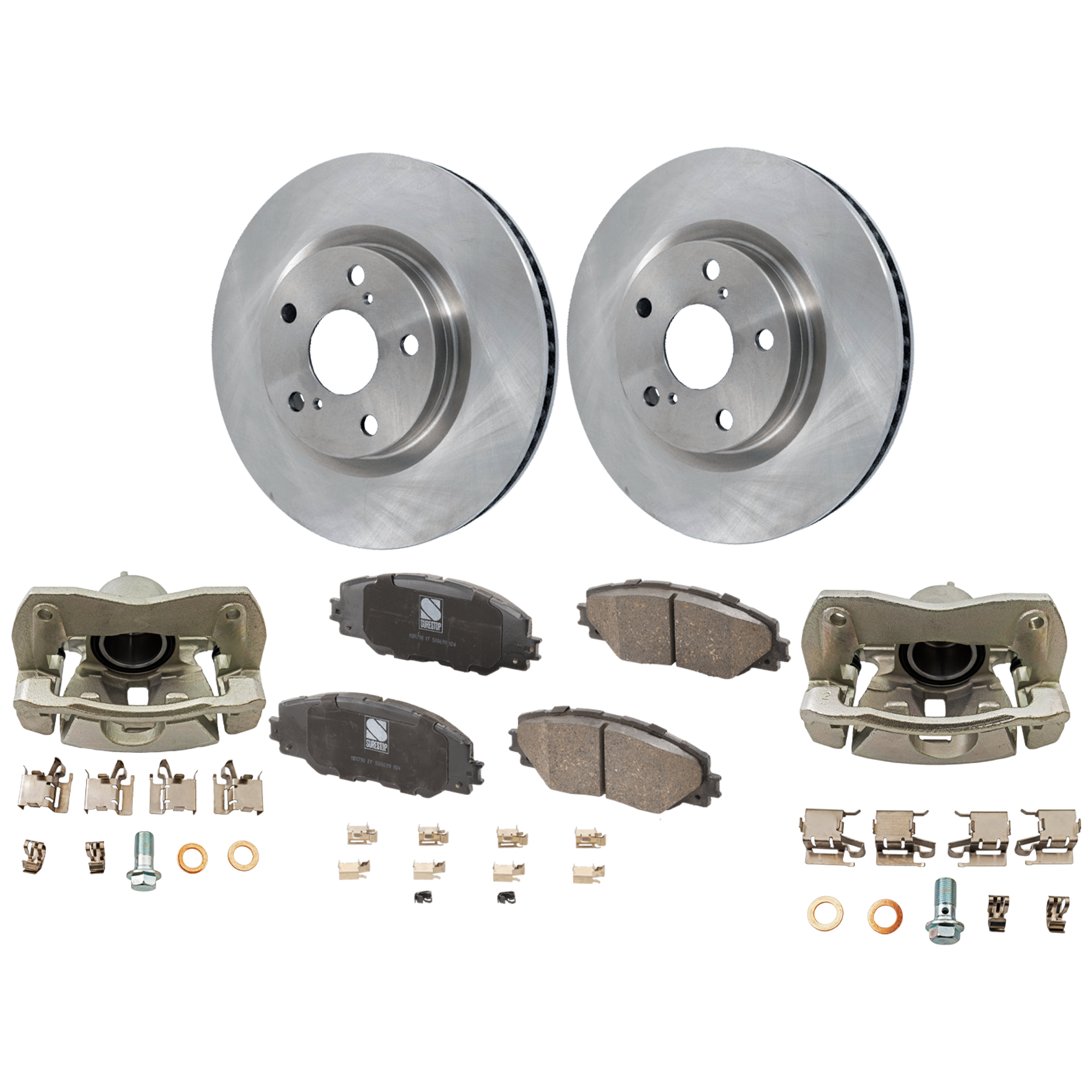 AM RAV4-09-18 MIRAI 16-18 FRONT BRAKE KIT WITH CALIPERS 2 Wheel Set Includes 2 Brake Caliper 2 Brake Disc and 1 Brake Pad Set Plain Surface 5 Lugs Cast Iron Ceramic SKU KIT 121424-115 OEM 4351242050-4351202250-19184294