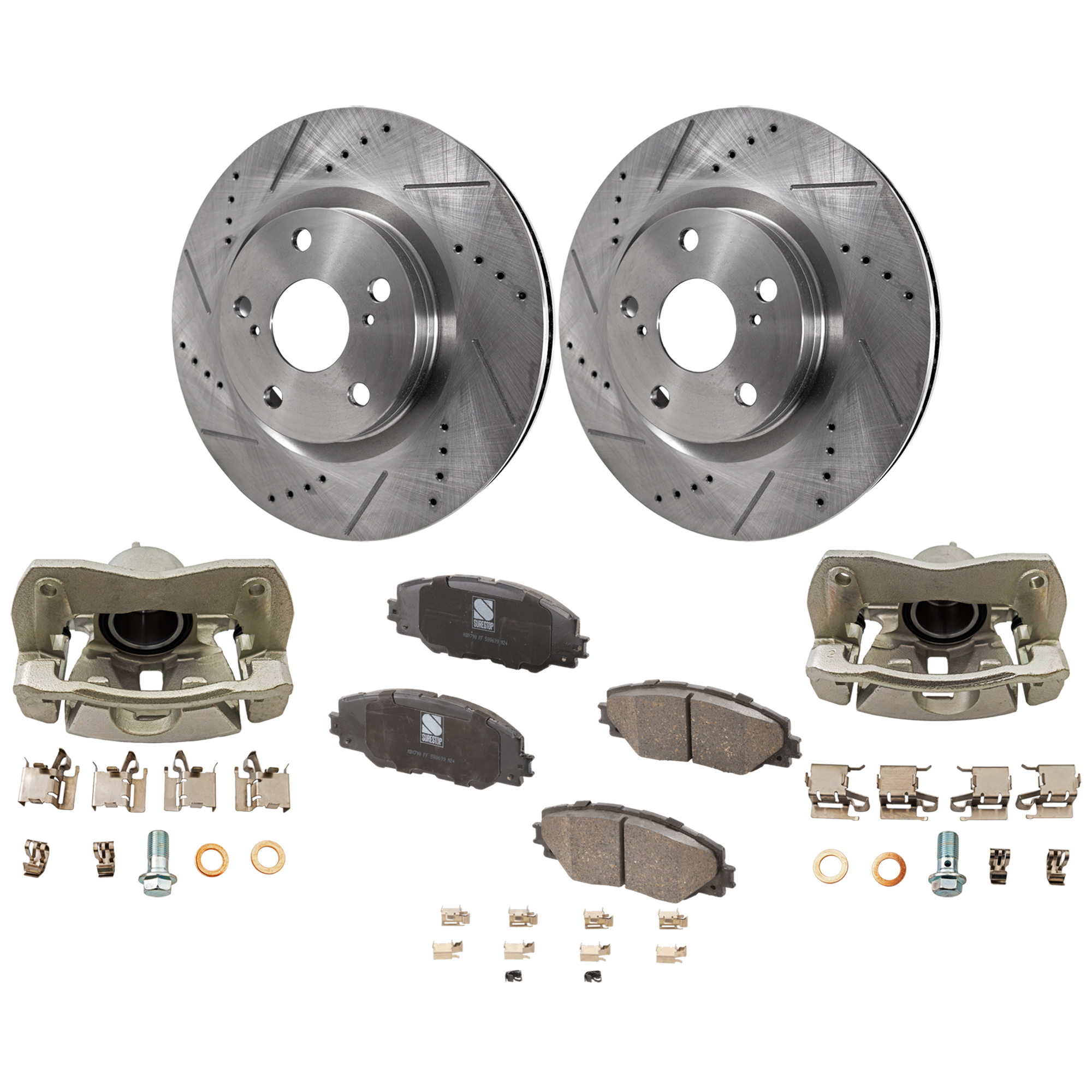 AM VIBE 09-10 TC 11-16 FRONT BRAKE KIT WITH CALIPERS 2 Wheel Set Includes 2 Brake Caliper 2 Brake Disc and 1 Brake Pad Set Cross drilled and Slotted 5 Lugs Ceramic SKU KIT 121424-116 OEM 31434-31551-44582-44748-145713