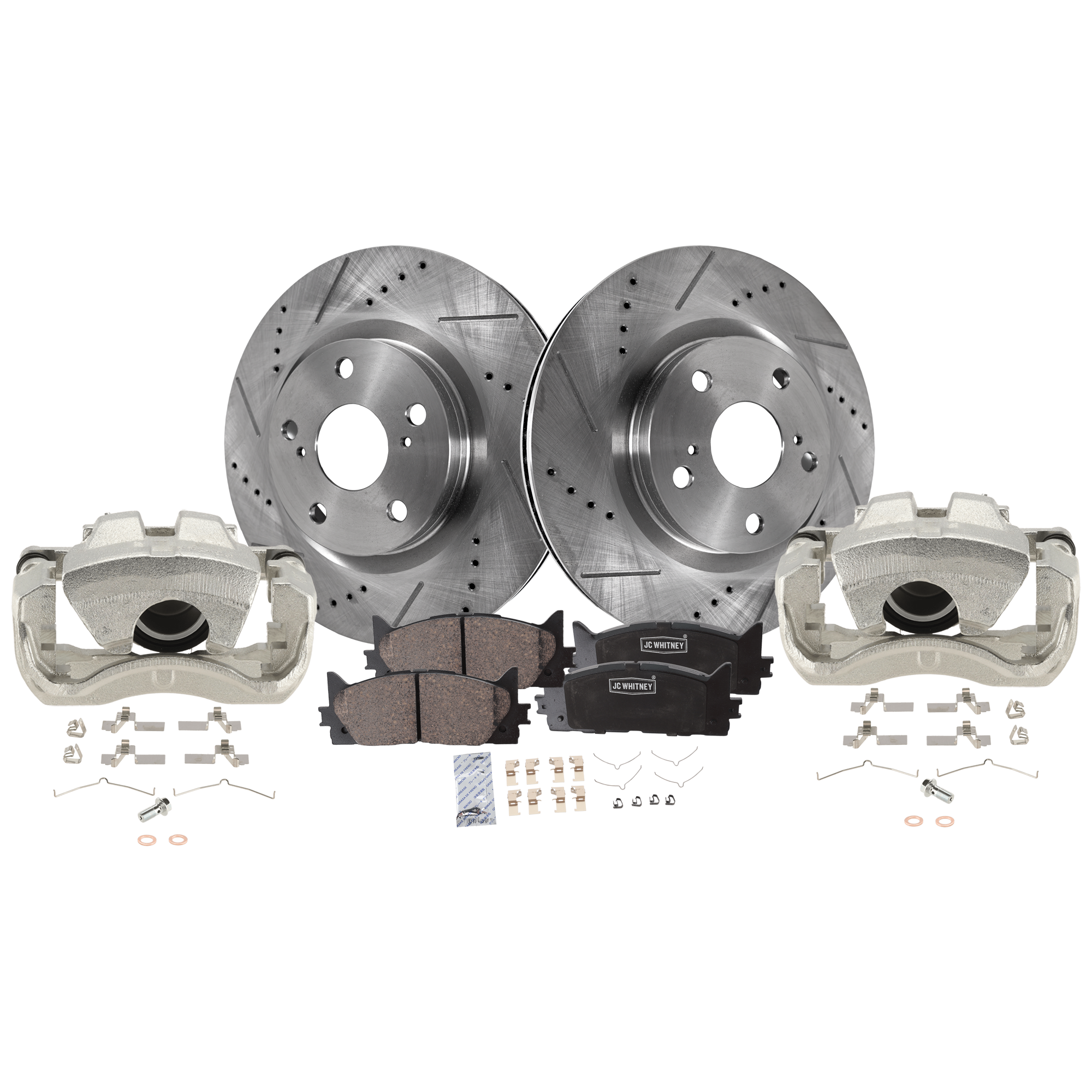 AM AVALON 08-18 ES350-07-18 FRONT BRAKE KIT WITH CALIPERS 2 Wheel Set Includes 2 Brake Caliper 2 Brake Disc and 1 Brake Pad Set Cross drilled and Slotted 5 Lugs Ceramic SKU KIT 121424-120 OEM 31434-31551-44582-44748-145713