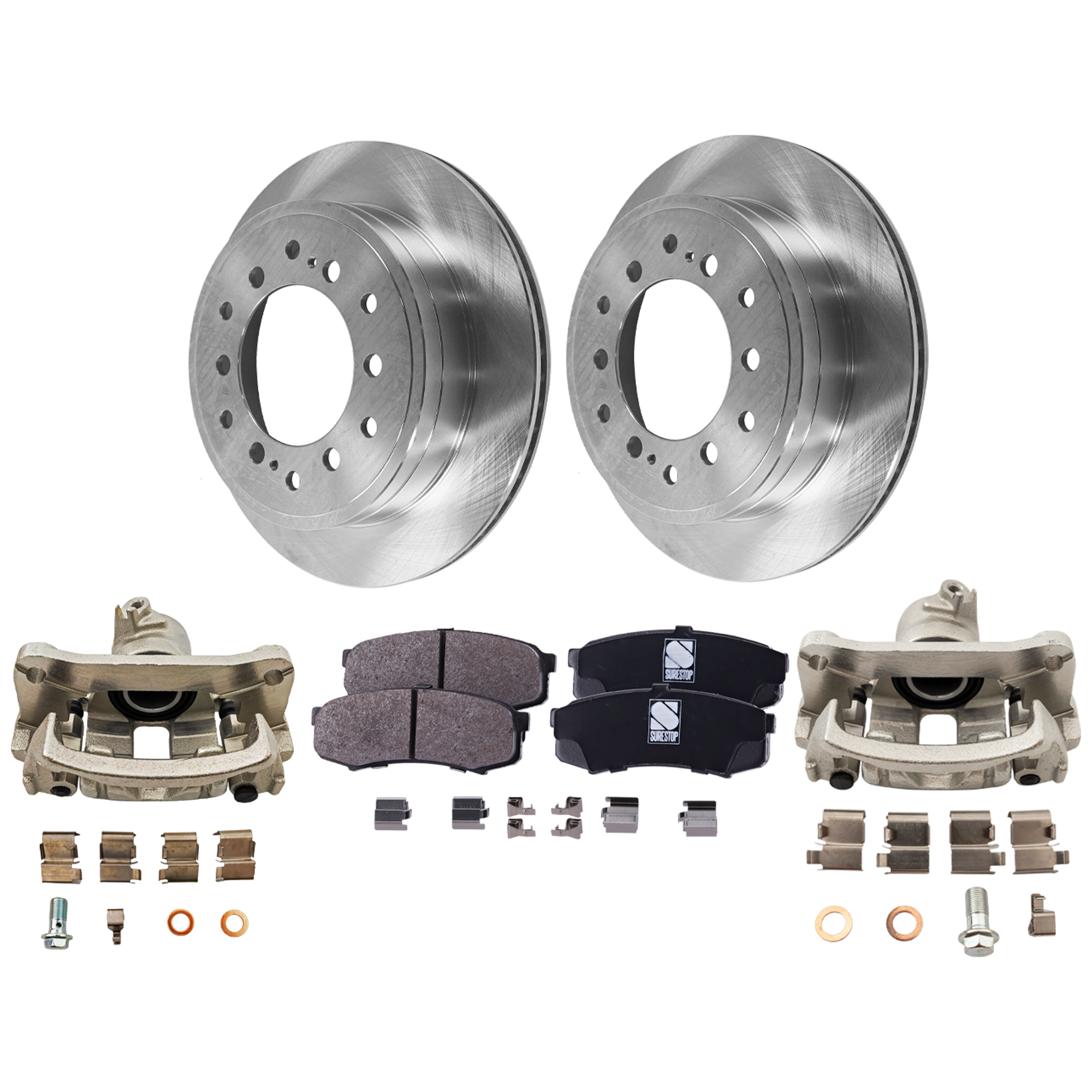 AM FJ CRUISER 10-14 REAR BRAKE KIT WITH CALIPERS 2 Wheel Set Includes 2 Brake Caliper 2 Brake Disc and 1 Brake Pad Set Plain Surface 6 Lugs Cast Iron Ceramic SKU KIT 121424-121 OEM 31550-44715-0833467-850180-880