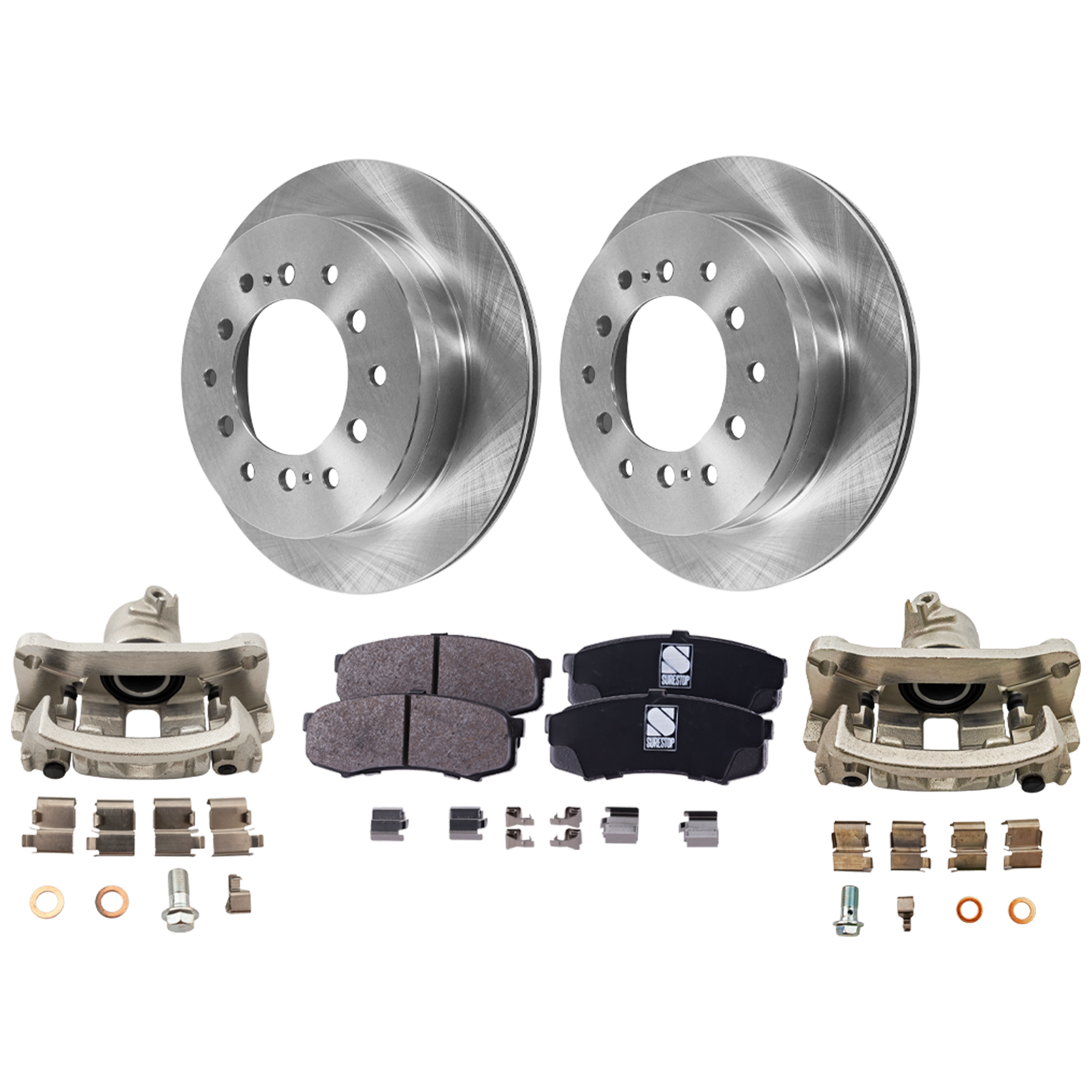 AM 4RUNNER 03-09 FJ CRUISER 07-09 REAR BRAKE KIT WITH CALIPERS 2 Wheel Set Includes 2 Brake Caliper 2 Brake Disc and 1 Brake Pad Set Plain Surface 6 Lugs Cast Iron Ceramic SKU KIT 121424-122 OEM 4243160295-4243160200-42431602