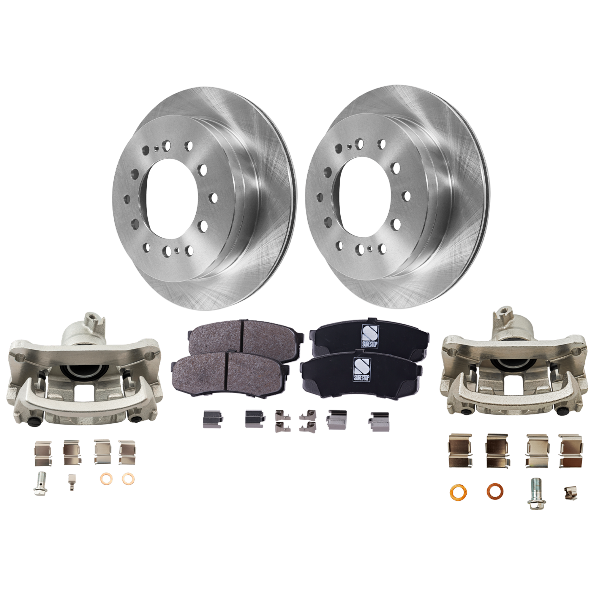 AM GX470-03-09 SEQUOIA 01-07 REAR BRAKE KIT WITH CALIPERS 2 Wheel Set Includes 2 Brake Caliper 2 Brake Disc and 1 Brake Pad Set Plain Surface 6 Lugs Cast Iron Ceramic SKU KIT 121424-124 OEM 4243160295-4243160200-42431602