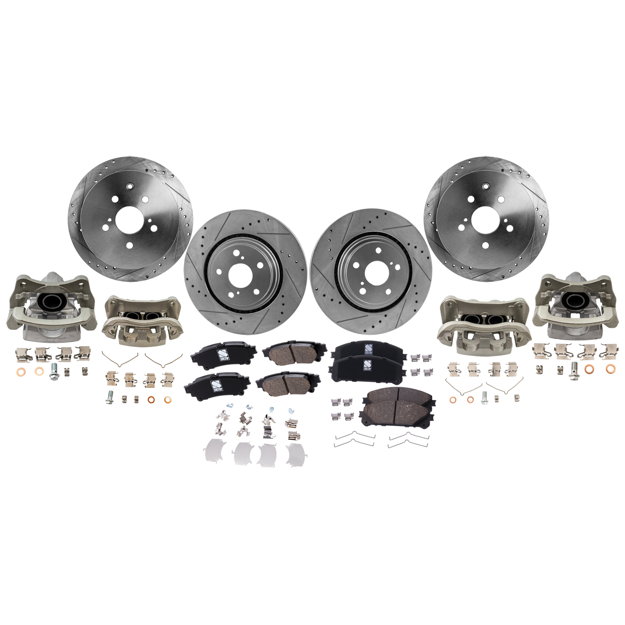 AM RX350-10-12 SIENNA 11-12 FRONT AND REAR BRAKE KIT WITH CALIPERS 4 Wheel Set Includes 4 Brake Caliper 4 Brake Disc and 1 Brake Pad Set Cross drilled and Slotted 5 Lugs Ceramic SKU KIT 121424-12 OEM 31544-44691-0833498-850191-600