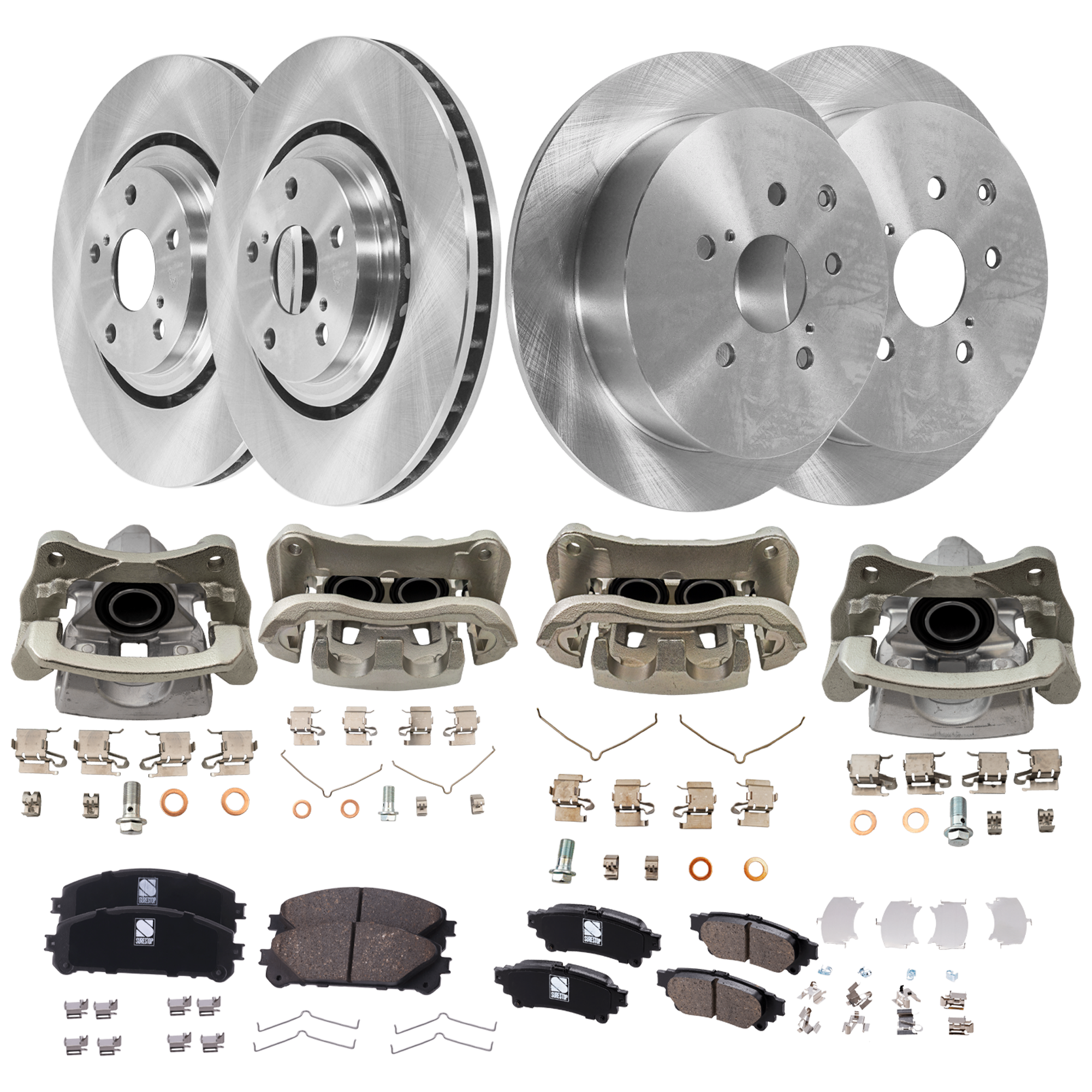 AM RX350-10-12 SIENNA 11-12 FRONT AND REAR BRAKE KIT WITH CALIPERS 4 Wheel Set Includes 4 Brake Caliper 4 Brake Disc and 1 Brake Pad Set Plain Surface 5 Lugs Cast Iron Ceramic SKU KIT 121424-13 OEM 31544-44691-0833498-850191-600