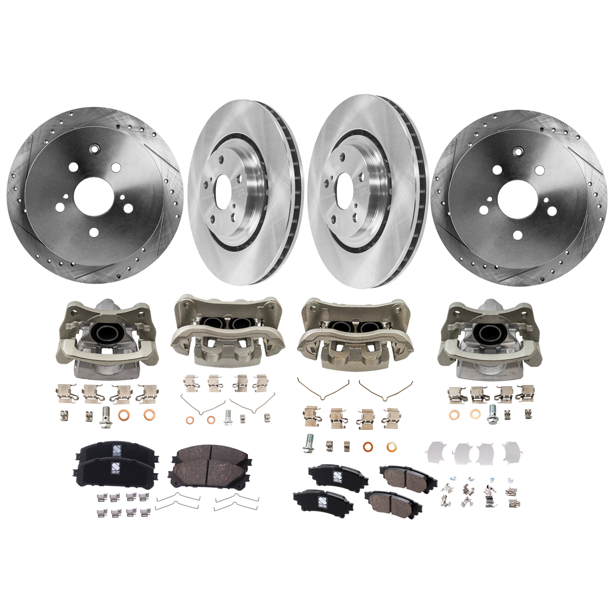 AM RX350-10-12 SIENNA 11-12 FRONT AND REAR BRAKE KIT WITH CALIPERS 4 Wheel Set Includes 4 Brake Caliper 4 Brake Disc and 1 Brake Pad Set Front Plain Surface Rear Cross drilled and Slotted 5 L SKU KIT 121424-14 OEM 31544-44691-0833498-850191-600