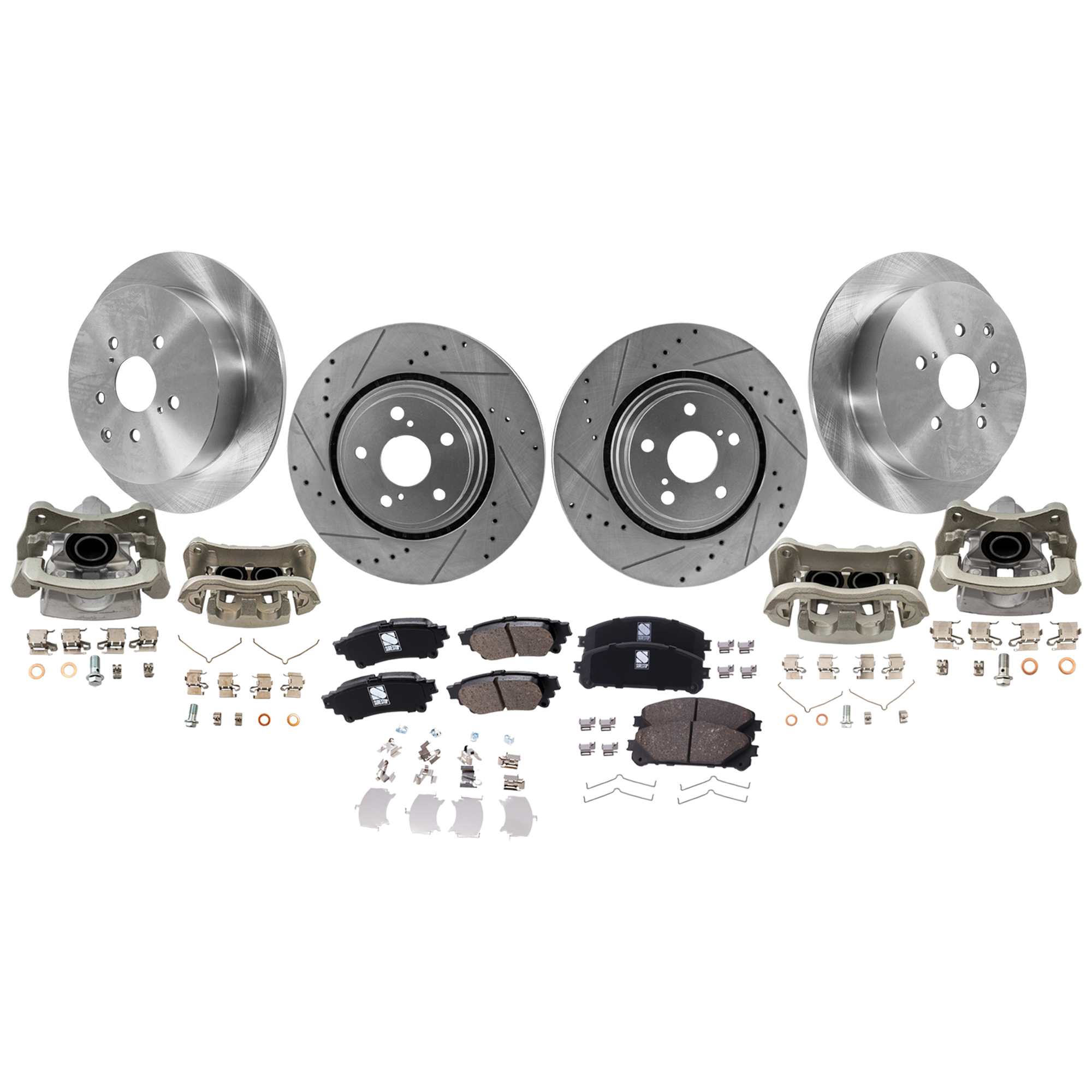 AM RX350-10-12 SIENNA 11-12 FRONT AND REAR BRAKE KIT WITH CALIPERS 4 Wheel Set Includes 4 Brake Caliper 4 Brake Disc and 1 Brake Pad Set Front Cross drilled and Slotted Rear Plain Surface 5 L SKU KIT 121424-15 OEM 31544-44691-0833498-850191-600