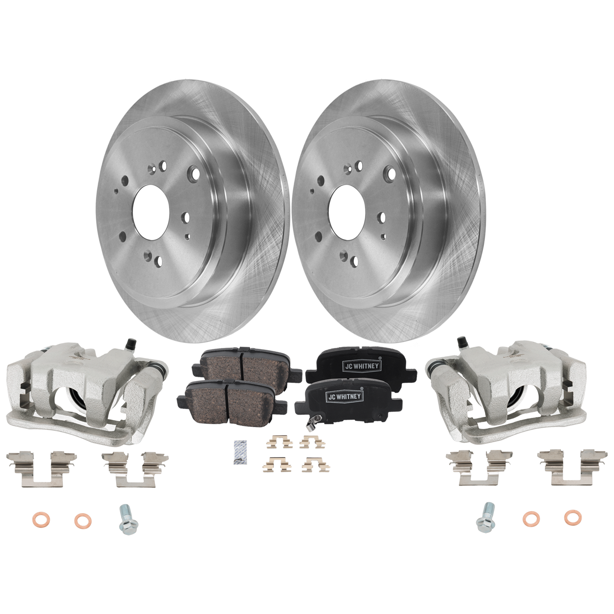 AM MDX 03-06 PILOT 06-08 REAR BRAKE KIT WITH CALIPERS 2 Wheel Set Includes 2 Brake Caliper 2 Brake Disc and 1 Brake Pad Set Plain Surface 5 Lugs Cast Iron Ceramic SKU KIT 121424-21 OEM 42510S3VA01-43022S0XA00-43022S