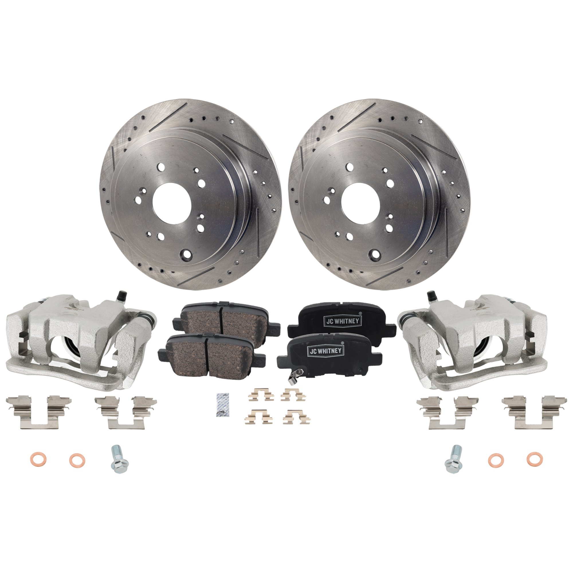 AM MDX 03-06 PILOT 06-08 REAR BRAKE KIT WITH CALIPERS 2 Wheel Set Includes 2 Brake Caliper 2 Brake Disc and 1 Brake Pad Set Cross drilled and Slotted 5 Lugs Ceramic SKU KIT 121424-22 OEM 31318-145393-0832926-48880032