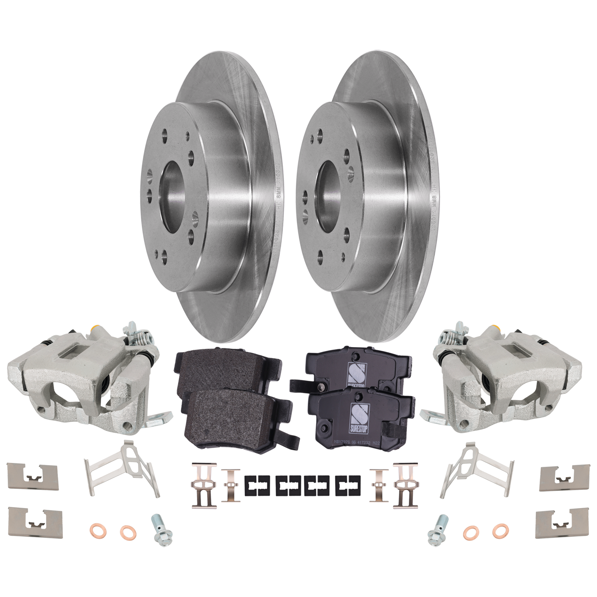 AM CIVIC 05-05 RSX 02-06 REAR BRAKE KIT WITH CALIPERS 2 Wheel Set Includes 2 Brake Caliper 2 Brake Disc and 1 Brake Pad Set Plain Surface 5 Lugs Cast Iron Ceramic SKU KIT 121424-23 OEM 42510S87A00-43022S2A000-43022S