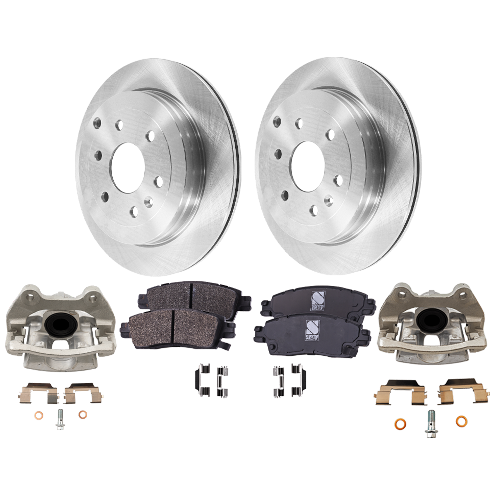 AM ENCLAVE 08-17 OUTLOOK 07-09 REAR BRAKE KIT WITH CALIPERS 2 Wheel Set Includes 2 Brake Caliper 2 Brake Disc and 1 Brake Pad Set Plain Surface 6 Lugs Cast Iron Semi Metallic SKU KIT 121424-25 OEM 7R3Z1125A 15855898-19122385-19