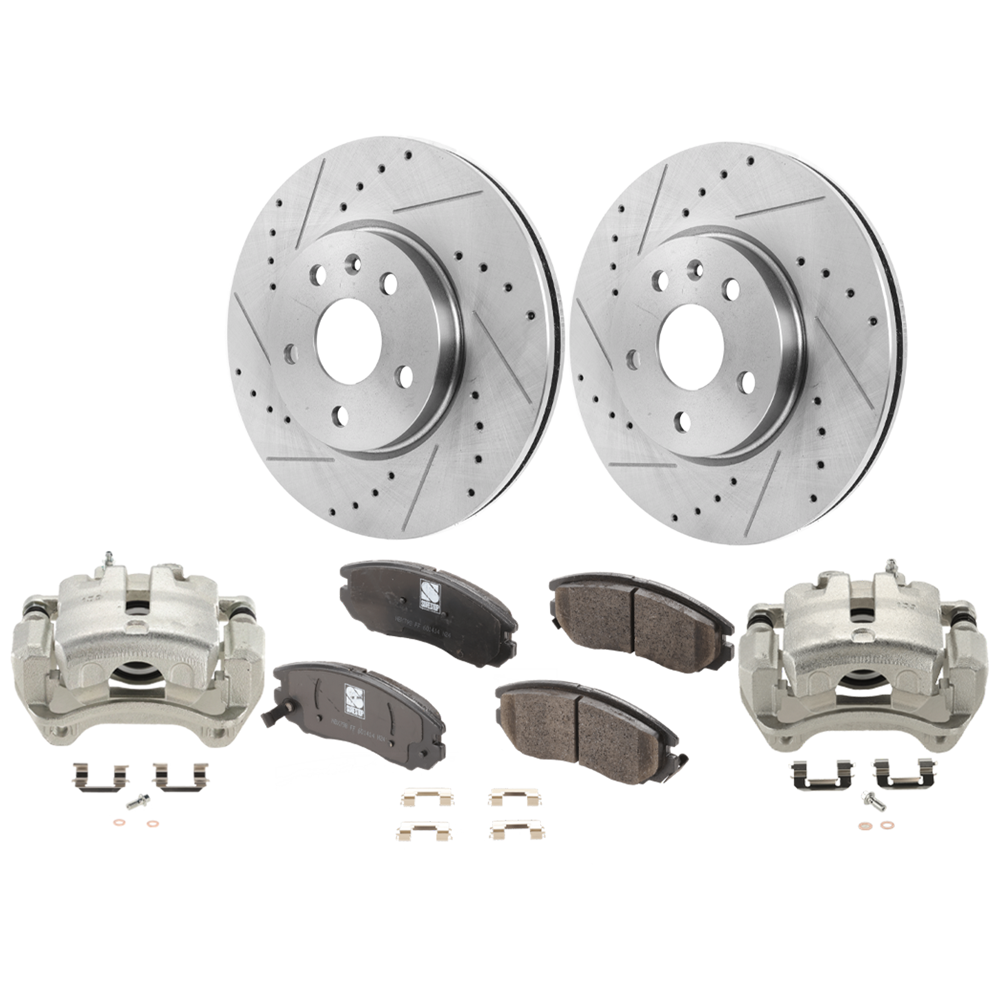 AM EQUINOX TERRAIN 10-17 FRONT BRAKE KIT WITH CALIPERS 2 Wheel Set Includes 2 Brake Caliper 2 Brake Disc and 1 Brake Pad Set Cross drilled and Slotted 5 Lugs Ceramic SKU KIT 121424-33 OEM 41260-55174-493112-850160-8862