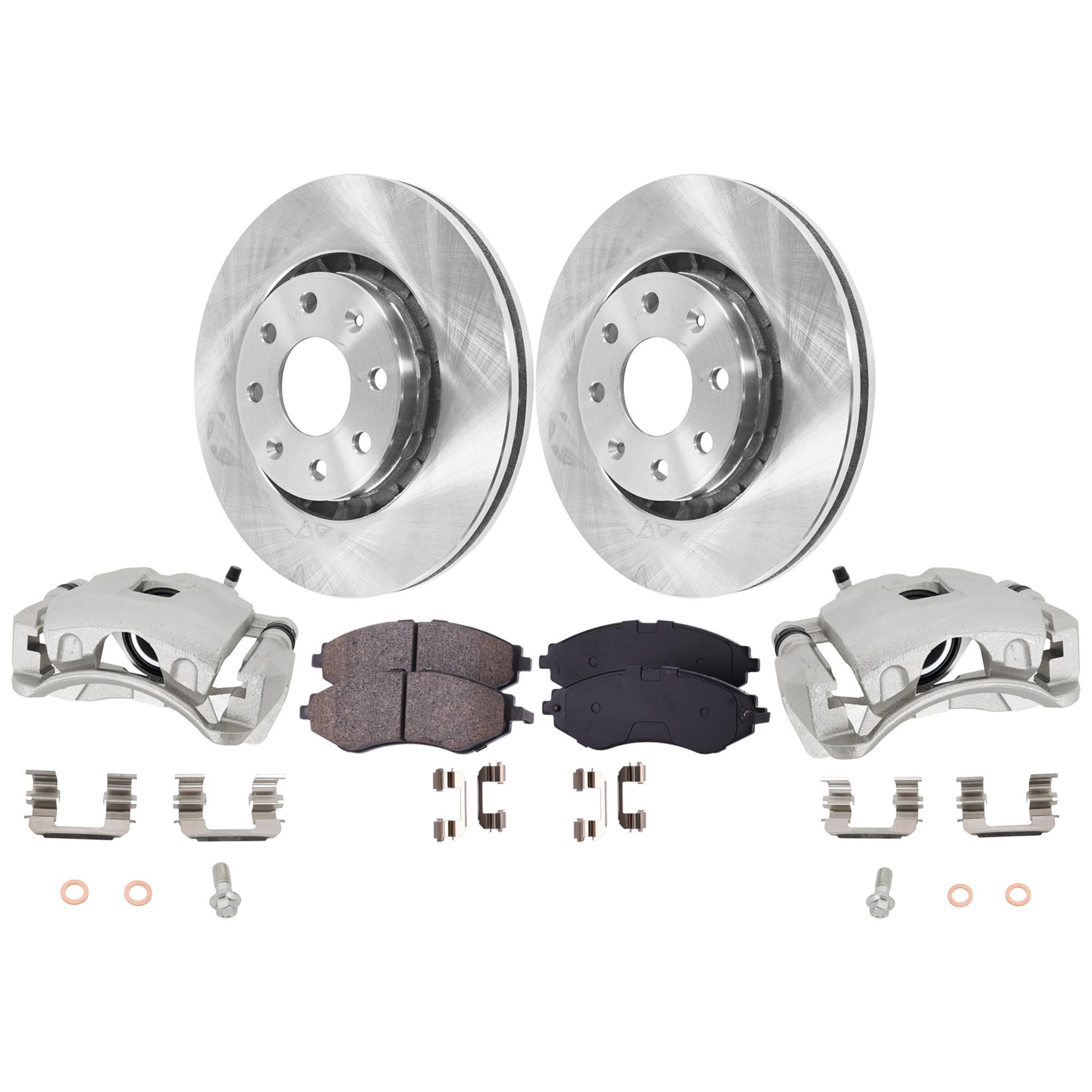 AM AVEO 06-11 SPARK 13-15 FRONT BRAKE KIT WITH CALIPERS 2 Wheel Set Includes 2 Brake Caliper 2 Brake Disc and 1 Brake Pad Set Plain Surface 4 Lugs Cast Iron Ceramic SKU KIT 121424-36 OEM 96539660-96471275-15274604-965
