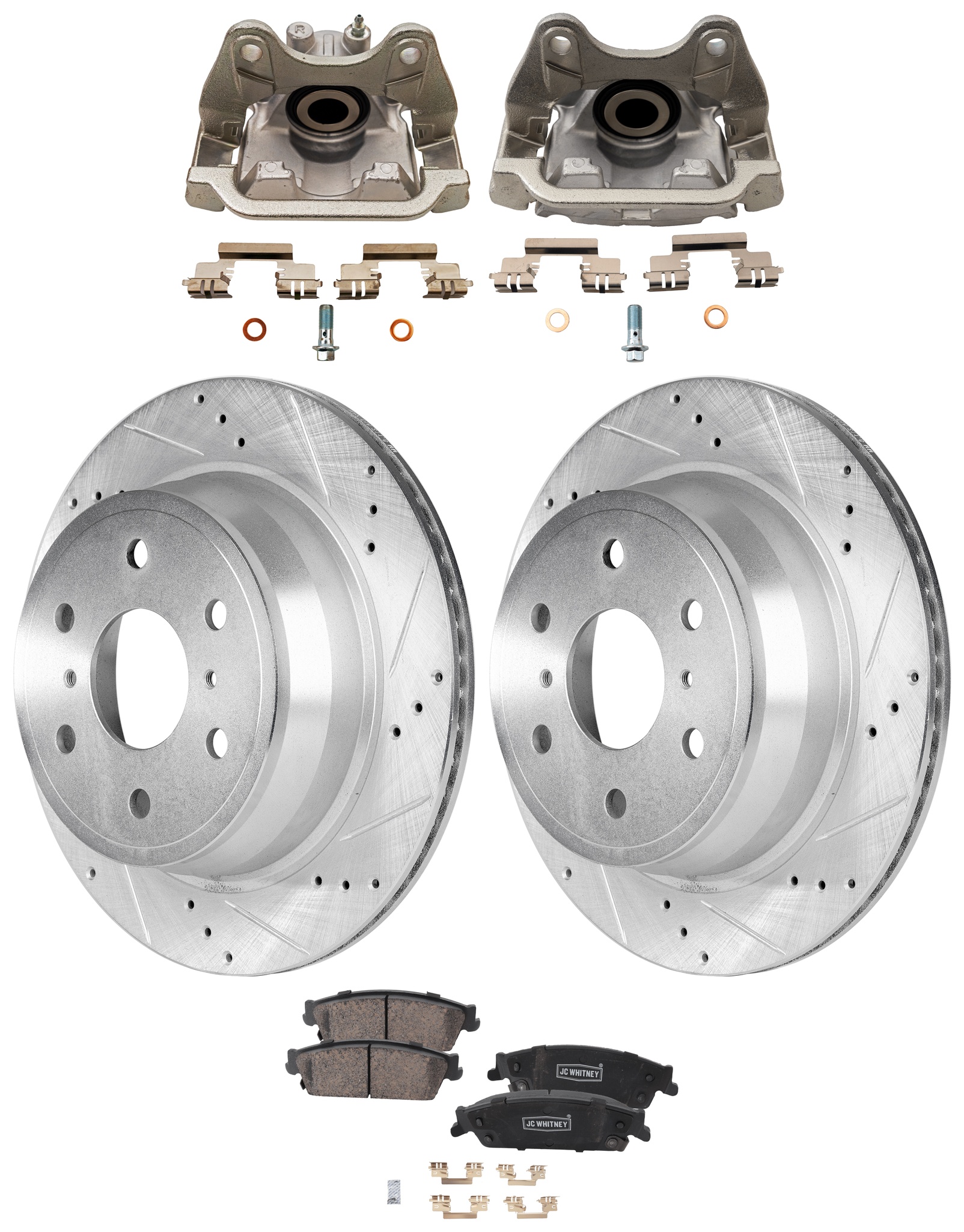 AM SILVERADO SIERRA 1500-07-13 SUBURBAN 1500-07-14 REAR BRAKE KIT WITH CALIPERS 2 Wheel Set Includes 2 Brake Caliper 2 Brake Disc and 1 Brake Pad Set Cross drilled and Slotted 6 Lugs Ceramic SKU KIT 121424-39 OEM 90048053-580422FZN 581032FZN 1