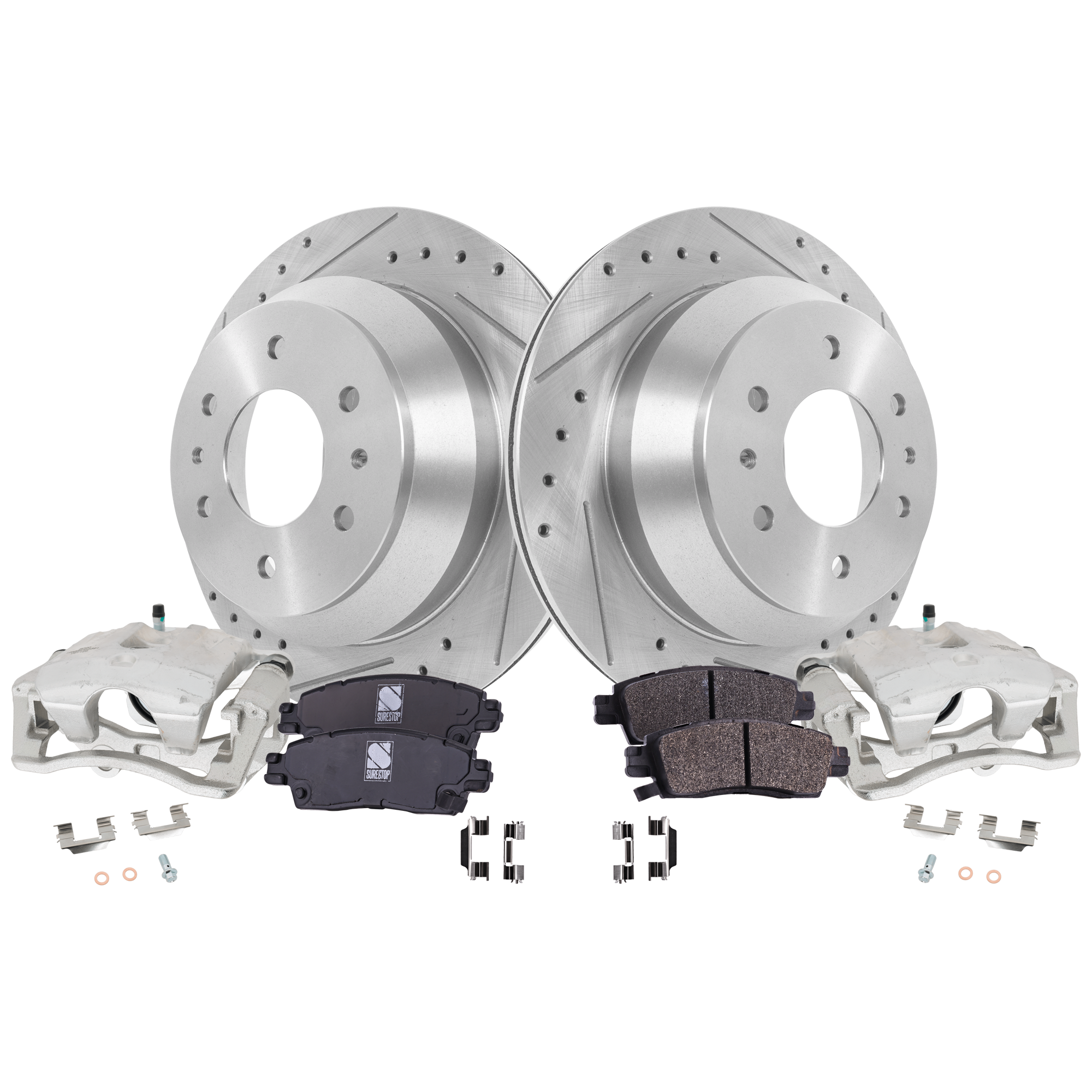 AM ENVOY TRAILBLAZER 02-09 REAR BRAKE KIT WITH CALIPERS 2 Wheel Set Includes 2 Brake Caliper 2 Brake Disc and 1 Brake Pad Set Cross drilled and Slotted 6 Lugs Semi Metallic SKU KIT 121424-41 OEM 19958-55073-101758-145314-1058