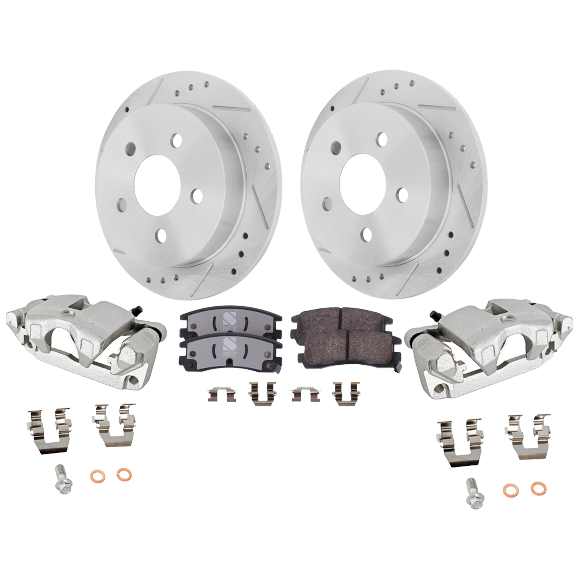 AM REGAL 97-04 IMPALA 00-05 REAR BRAKE KIT WITH CALIPERS 2 Wheel Set Includes 2 Brake Caliper 2 Brake Disc and 1 Brake Pad Set Cross drilled and Slotted 5 Lugs Ceramic SKU KIT 121424-43 OEM 19854-55039-56629-65920-101706