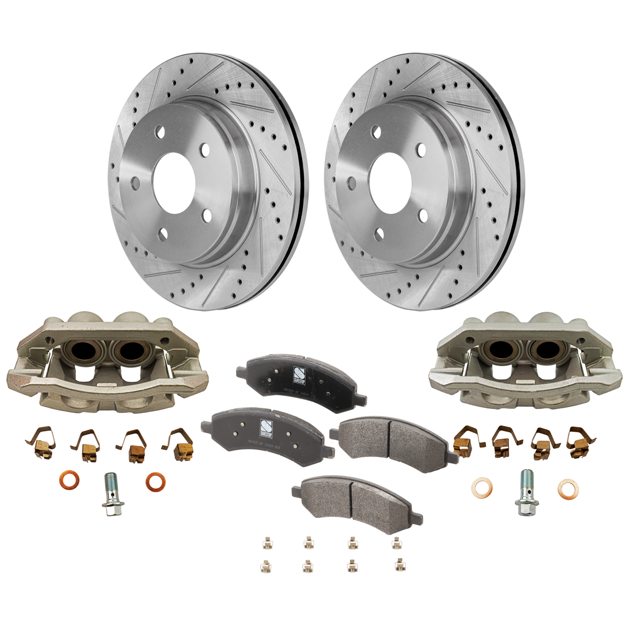 AM DURANGO 07-09 RAM 1500-11-18 FRONT BRAKE KIT WITH CALIPERS 2 Wheel Set Includes 2 Brake Caliper 2 Brake Disc and 1 Brake Pad Set Cross drilled and Slotted 5 Lugs Semi Metallic SKU KIT 121424-47 OEM 2414-19966-53005-145381-491190
