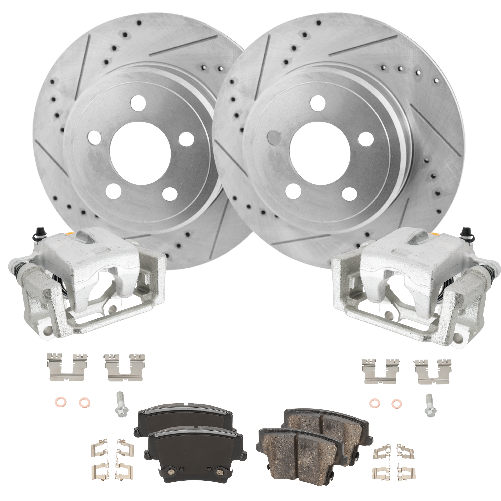 AM CHRYSLER 300-06-11 CHARGER 07-19 REAR BRAKE KIT WITH CALIPERS 2 Wheel Set Includes 2 Caliper 2 Disc and 1 Pad Set Cross drilled and Slotted 5 Lugs Ceramic SKU KIT 121424-49 OEM 5142563AA 5142563AB 5142562AA
