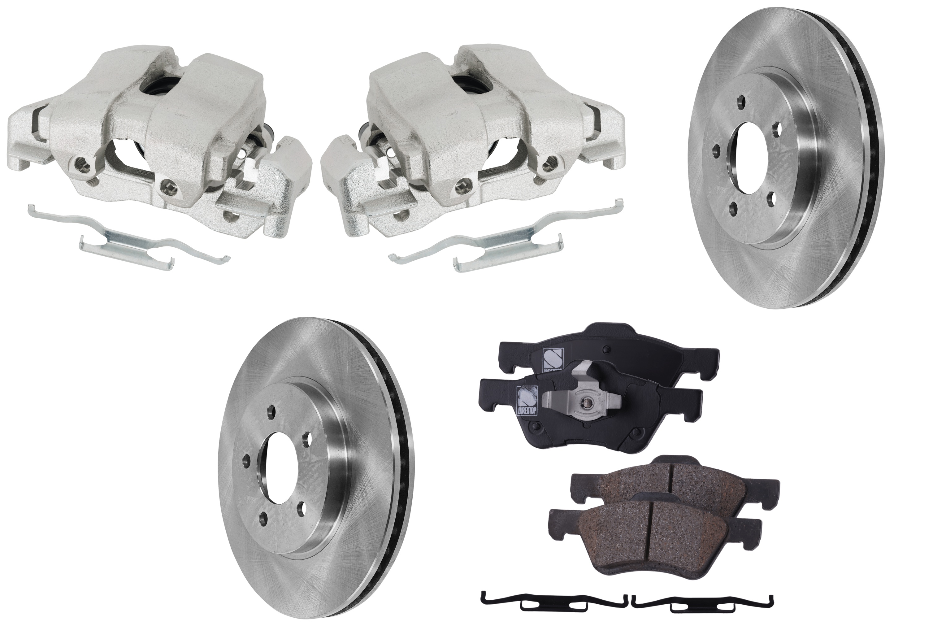 AM ESCAPE TRIBUTE 05-09 FRONT BRAKE KIT WITH CALIPERS 2 Wheel Set Includes 2 Brake Caliper 2 Brake Disc and 1 Brake Pad Set Plain Surface 5 Lugs Cast Iron Ceramic SKU KIT 121424-54 OEM 5L8Z1125AA 5U2Z1V125AB 3L8Z200