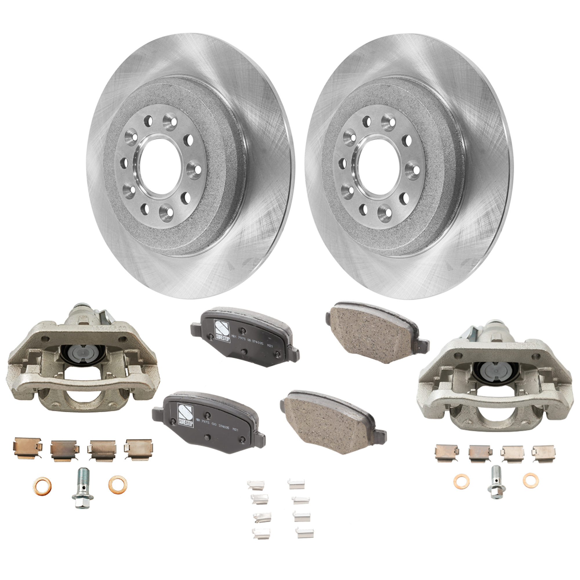 AM EDGE 11-14 MKX 11-15 REAR BRAKE KIT WITH CALIPERS 2 Wheel Set Includes 2 Brake Caliper 2 Brake Disc and 1 Brake Pad Set Plain Surface 5 Lugs Cast Iron Ceramic SKU KIT 121424-59 OEM 5F9Z2C026BA 8A8Z2200A AA8Z2200