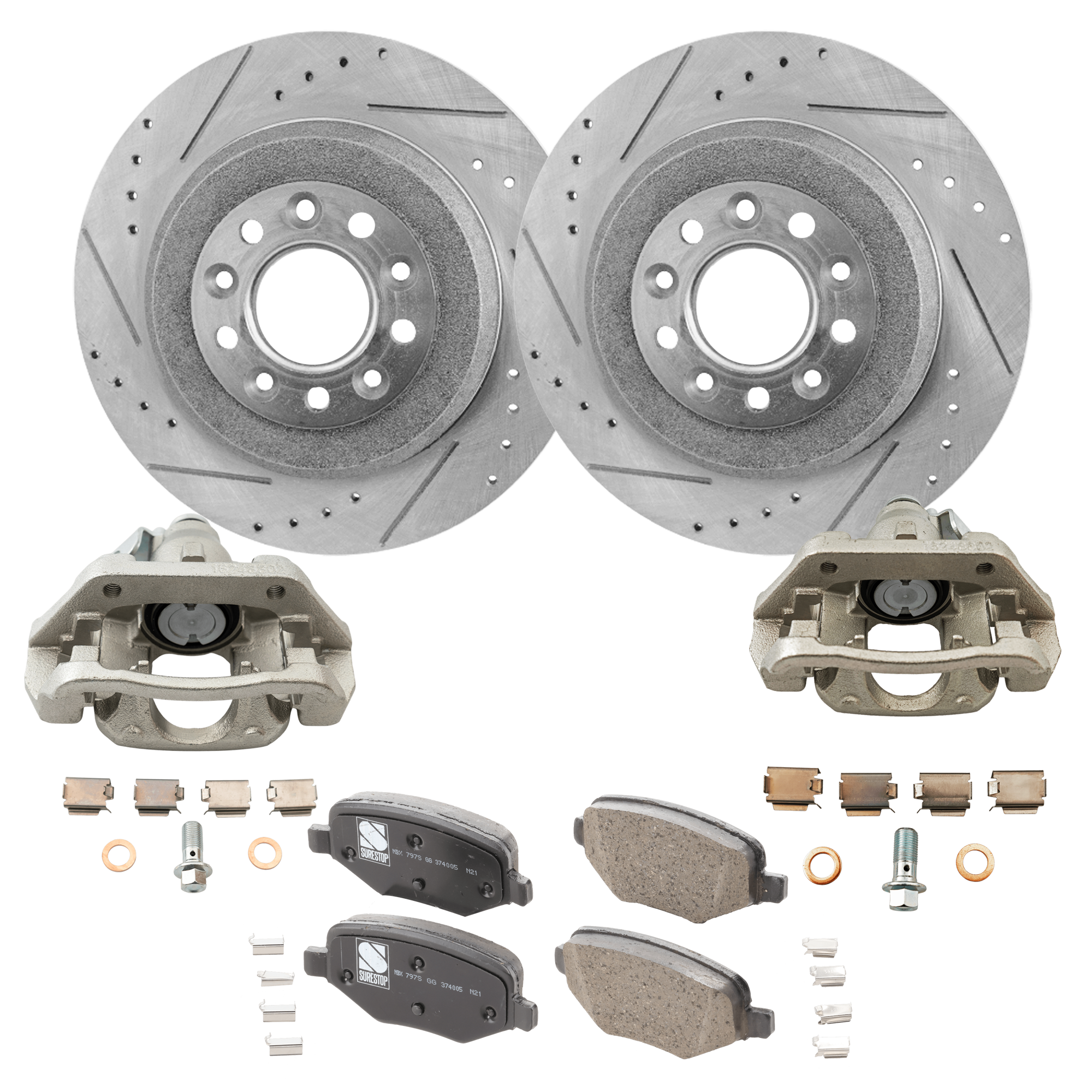 AM EDGE 11-14 MKX 11-15 REAR BRAKE KIT WITH CALIPERS 2 Wheel Set Includes 2 Brake Caliper 2 Brake Disc and 1 Brake Pad Set Cross drilled and Slotted 5 Lugs Ceramic SKU KIT 121424-60 OEM 19362-42146-42266-54125-54165