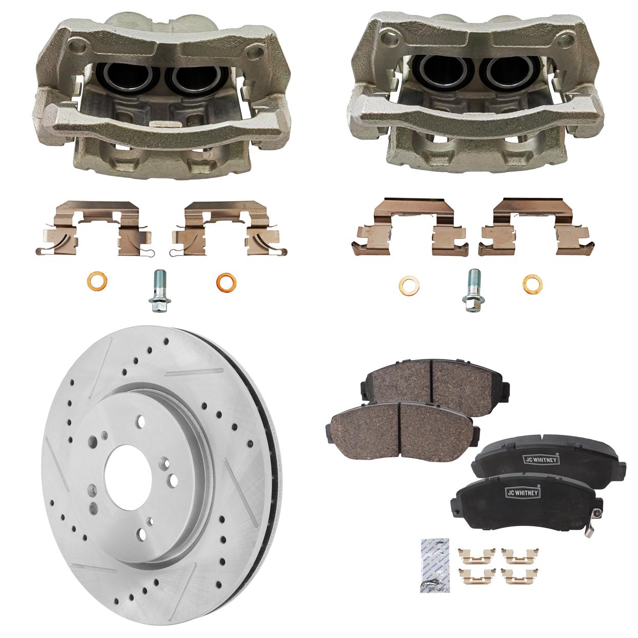 AM CR V 07-11 RDX 07-12 FRONT BRAKE KIT WITH CALIPERS 2 Wheel Set Includes 2 Brake Caliper 2 Brake Disc and 1 Brake Pad Set Cross drilled and Slotted 5 Lugs Ceramic SKU KIT 121424-69 OEM 31455-44583-60420-0833007-9003