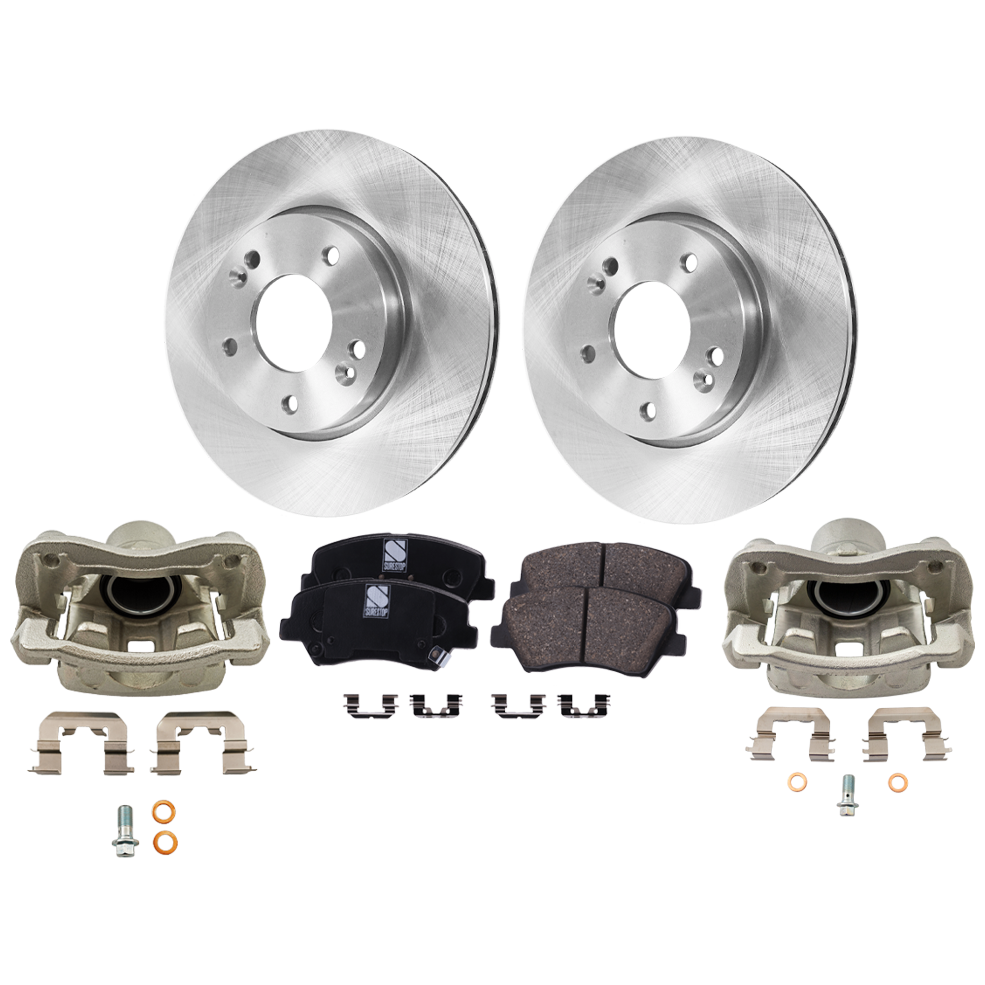 AM ELANTRA 11-12 ELANTRA COUPE 13-13 FRONT BRAKE KIT WITH CALIPERS 2 Wheel Set Includes 2 Brake Caliper 2 Brake Disc and 1 Brake Pad Set Plain Surface 5 Lugs Cast Iron Ceramic SKU KIT 121424-72 OEM 31584-44745-0833519-0833528-85