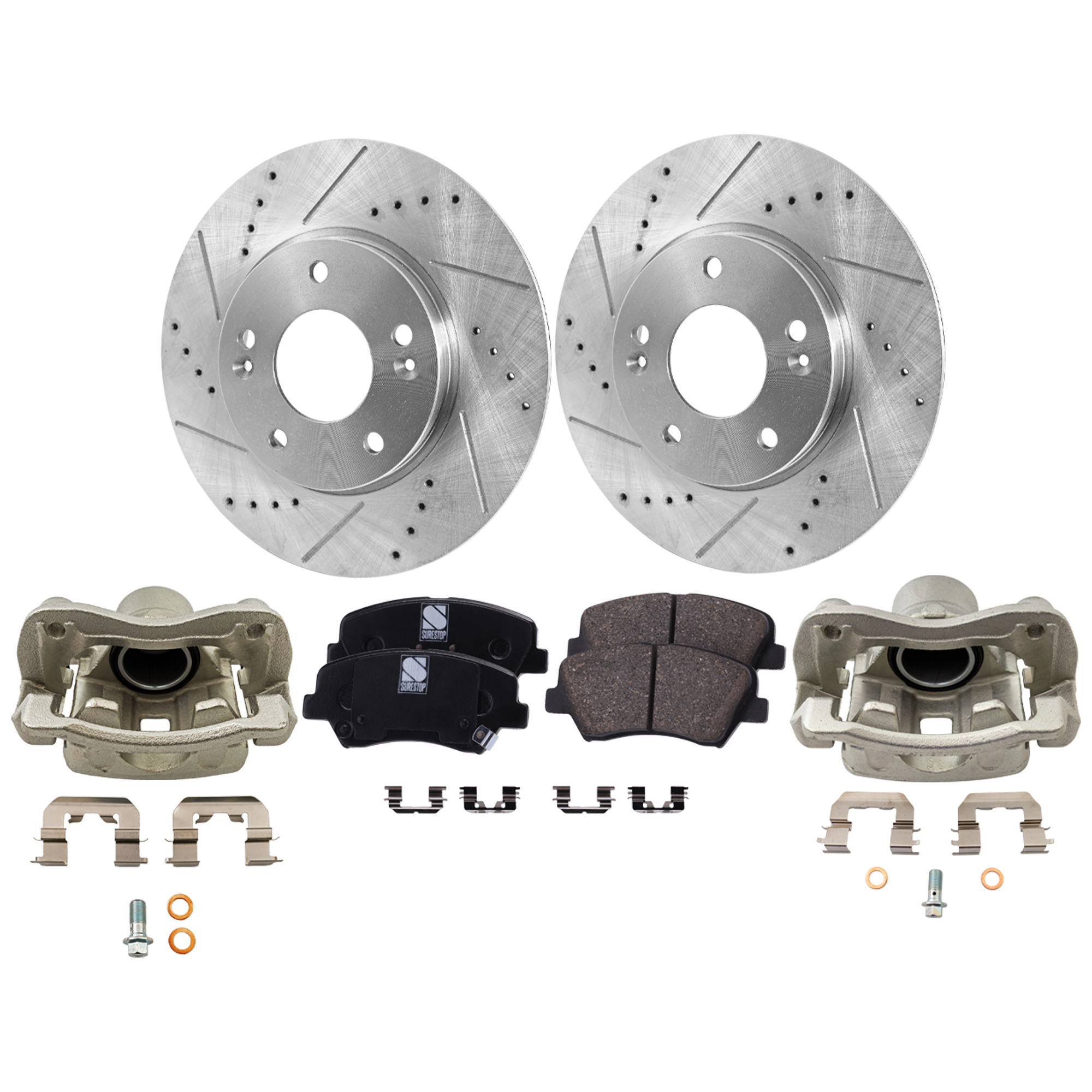 AM ELANTRA 11-12 ELANTRA COUPE 13-13 FRONT BRAKE KIT WITH CALIPERS 2 Wheel Set Includes 2 Brake Caliper 2 Brake Disc and 1 Brake Pad Set Cross drilled and Slotted 5 Lugs Ceramic SKU KIT 121424-73 OEM 31584-44745-0833519-0833528-85