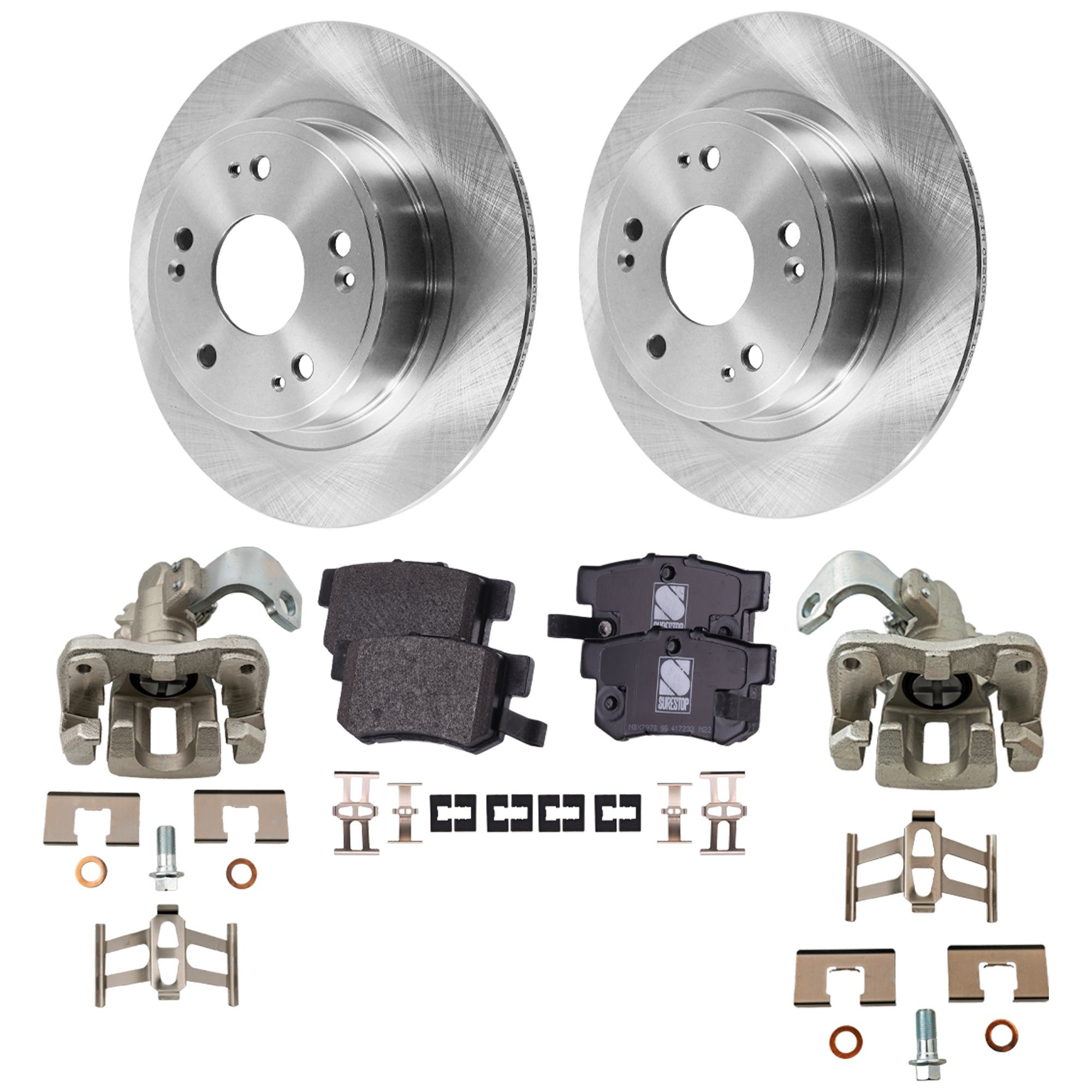 AM ILX 16-18 REAR BRAKE KIT WITH CALIPERS 2 Wheel Set Includes 2 Brake Caliper 2 Brake Disc and 1 Brake Pad Set Plain Surface 5 Lugs Cast Iron Ceramic SKU KIT 121424-74 OEM 42510SFY000-42510TA0A00-42510T