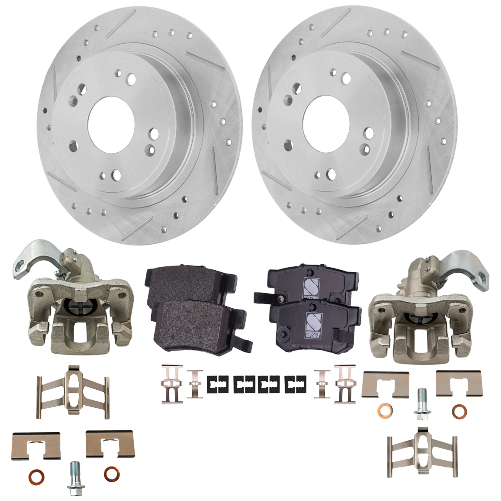 AM ILX 16-18 REAR BRAKE KIT WITH CALIPERS 2 Wheel Set Includes 2 Brake Caliper 2 Brake Disc and 1 Brake Pad Set Cross drilled and Slotted 5 Lugs Cast Iron Ceramic SKU KIT 121424-75 OEM 31479-44594-44763-0833159