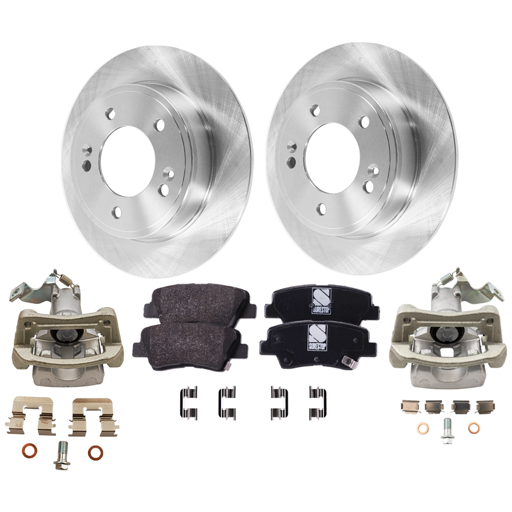 AM ELANTRA GT 13-16 VELOSTER 12-16 REAR BRAKE KIT WITH CALIPERS 2 Wheel Set Includes 2 Brake Caliper 2 Brake Disc and 1 Brake Pad Set Plain Surface 5 Lugs Cast Iron Organic SKU KIT 121424-80 OEM 44746-0833529-850287-60003037