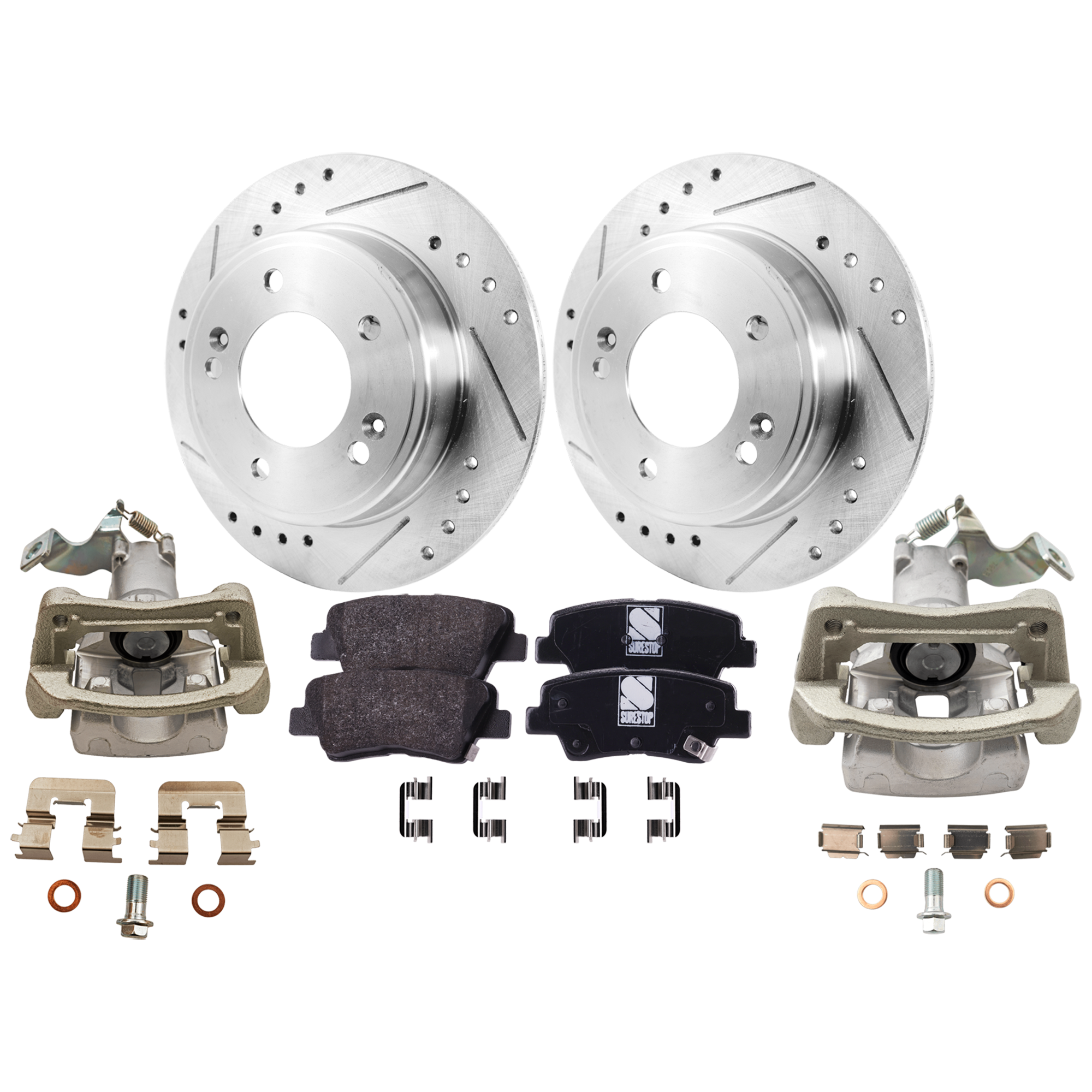 AM ELANTRA GT 13-16 VELOSTER 12-16 REAR BRAKE KIT WITH CALIPERS 2 Wheel Set Includes 2 Brake Caliper 2 Brake Disc and 1 Brake Pad Set Cross drilled and Slotted 5 Lugs Organic SKU KIT 121424-82 OEM 44746-0833529-850287-60003037