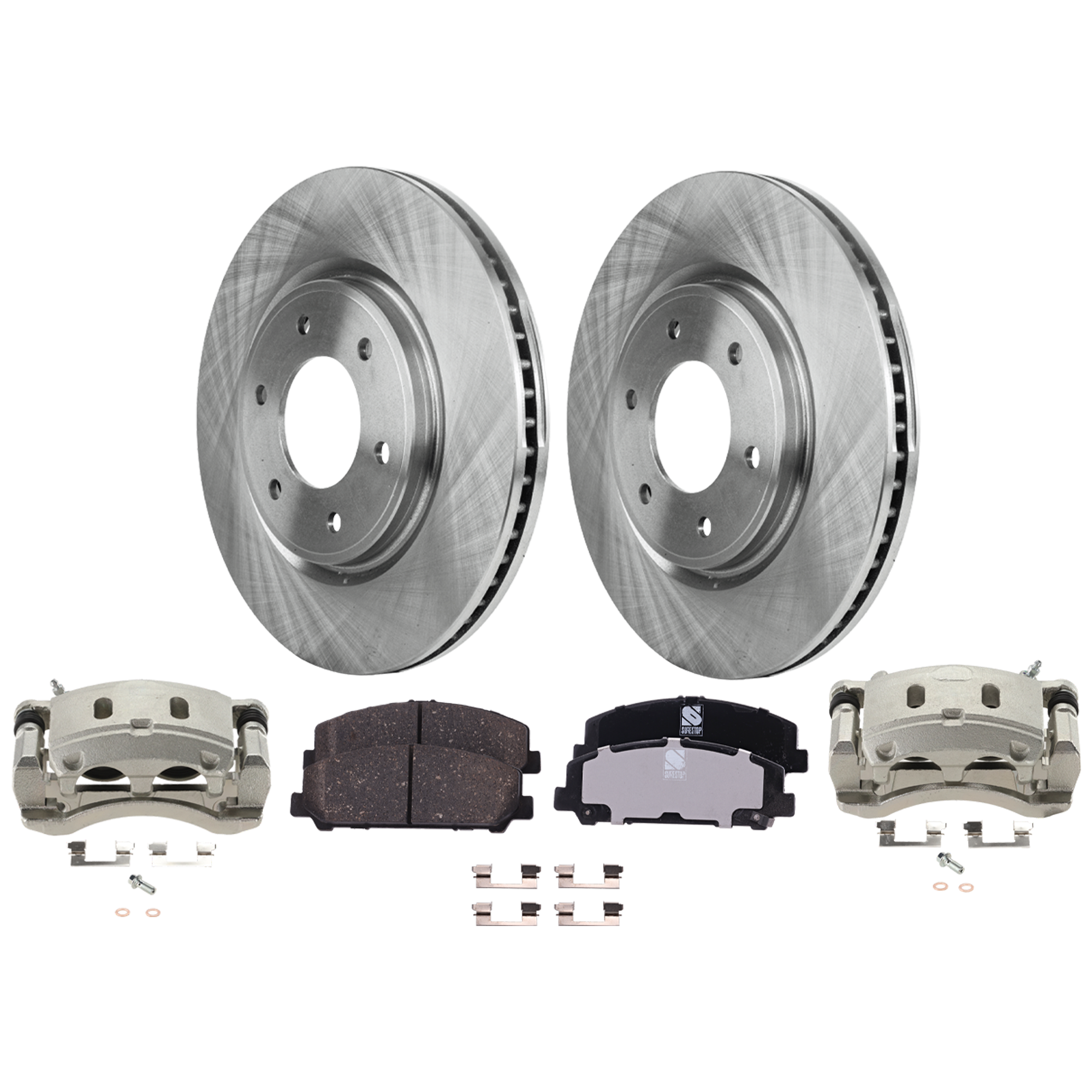 AM QX56-11-13 QX80-14-23 FRONT BRAKE KIT WITH CALIPERS 2 Wheel Set Includes 2 Brake Caliper 2 Brake Disc and 1 Brake Pad Set Plain Surface 6 Lugs Cast Iron Ceramic SKU KIT 121424-84 OEM 40206ZR00A 402069FF0B 5521082Z