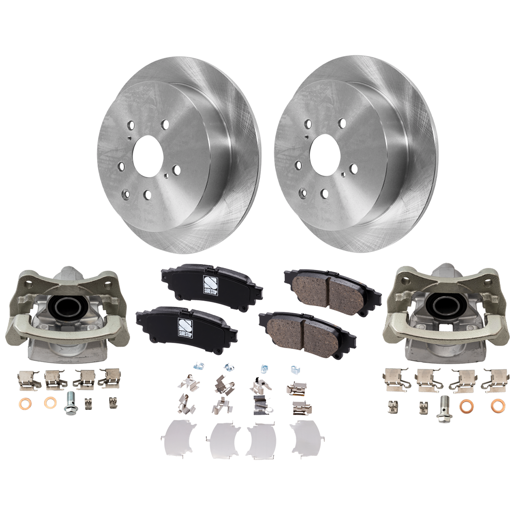 AM RX350-10-12 RX450H 10-12 REAR BRAKE KIT WITH CALIPERS 2 Wheel Set Includes 2 Brake Caliper 2 Brake Disc and 1 Brake Pad Set Plain Surface 5 Lugs Cast Iron Ceramic SKU KIT 121424-89 OEM 31544-44691-0833498-850191-600