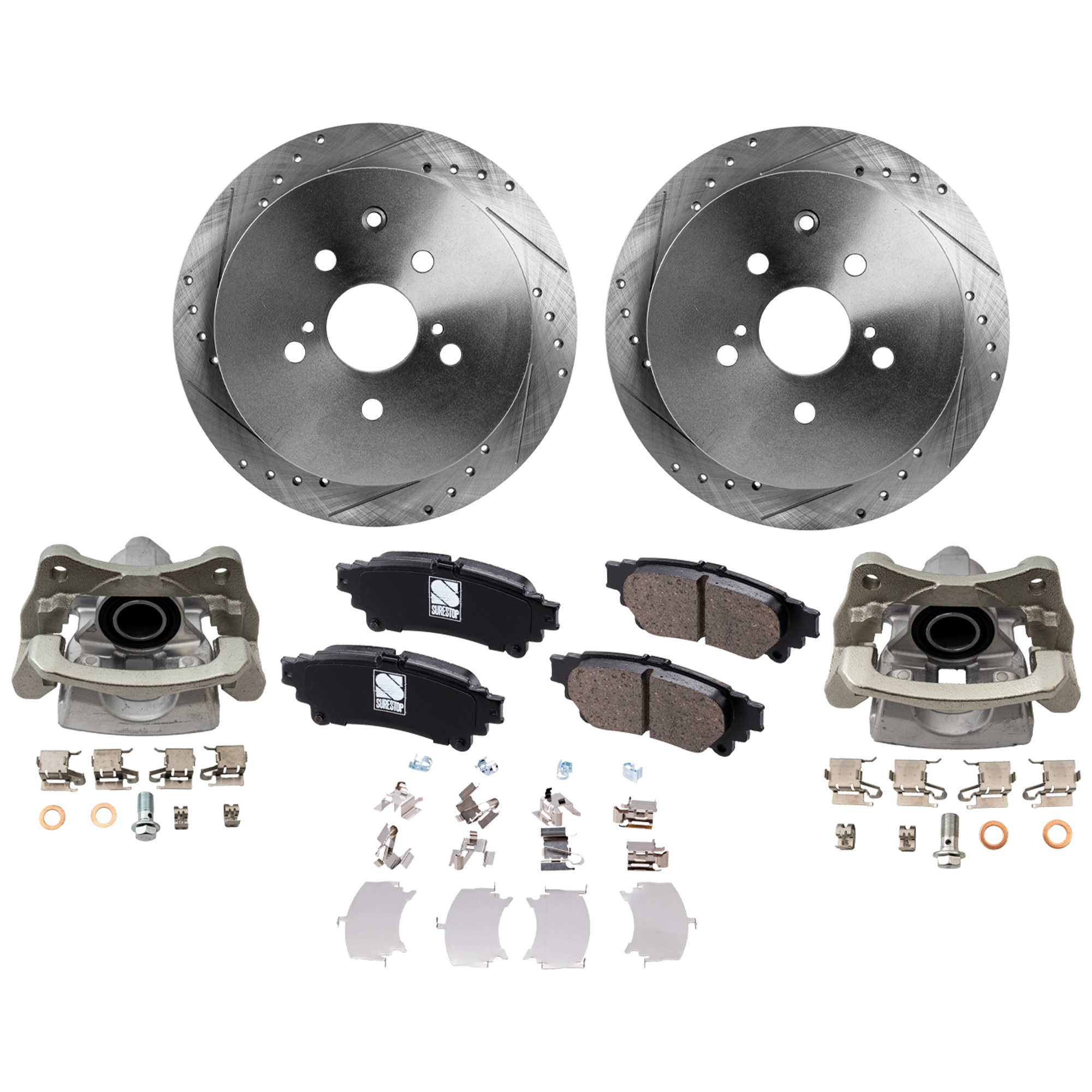 AM RX350-10-12 RX450H 10-12 REAR BRAKE KIT WITH CALIPERS 2 Wheel Set Includes 2 Brake Caliper 2 Brake Disc and 1 Brake Pad Set Cross drilled and Slotted 5 Lugs Ceramic SKU KIT 121424-90 OEM 31544-44691-0833498-850191-600