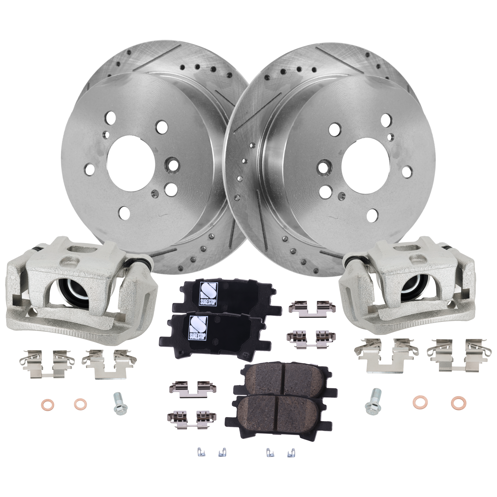 AM RX330-04-06 RX350-07-09 REAR BRAKE KIT WITH CALIPERS 2 Wheel Set Includes 2 Brake Caliper 2 Brake Disc and 1 Brake Pad Set Cross drilled and Slotted 5 Lugs Cast Iron Ceramic SKU KIT 121424-92 OEM 478500E010-4785048050-478300E0