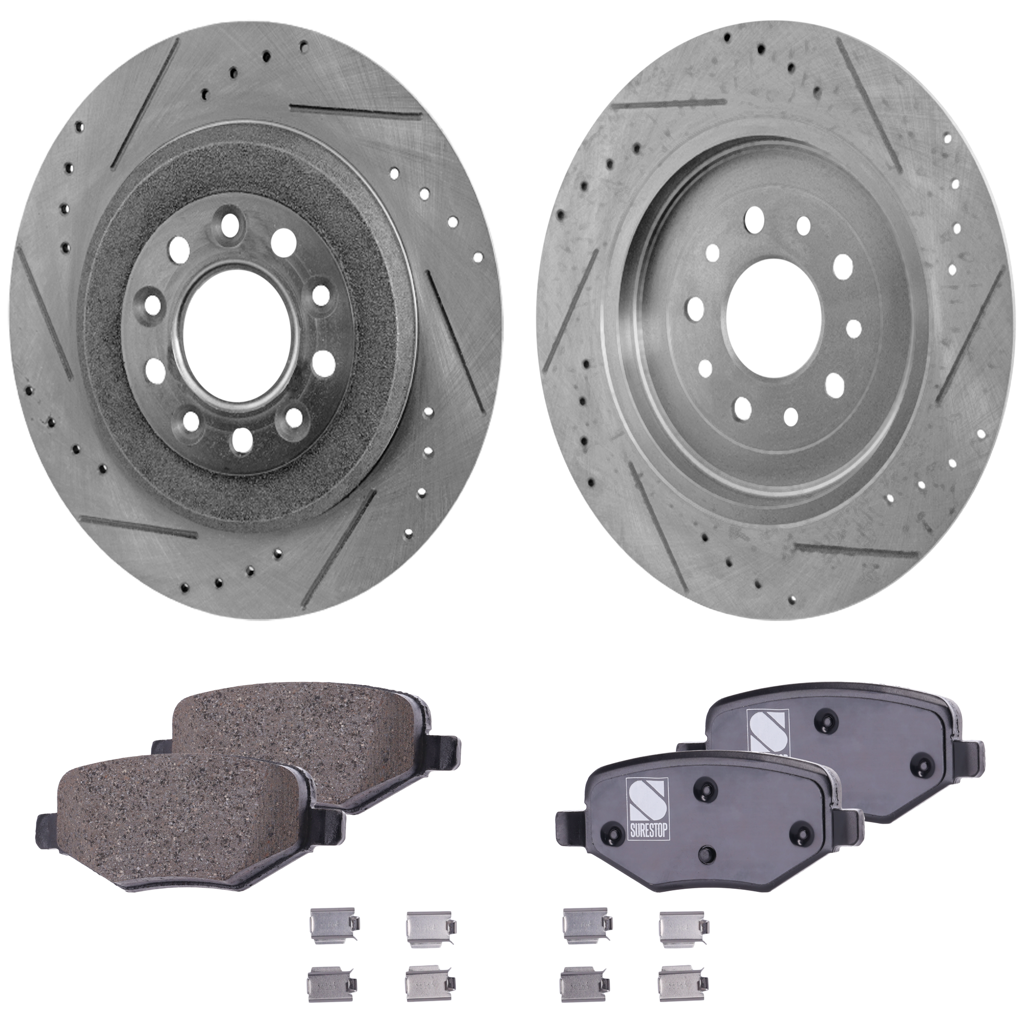 AM FLEX 09-19 MKT 10-19 REAR BRAKE DISC AND PAD KIT 4 pc kit Cross drilled and Slotted SKU KIT 121622-04 OEM 19362-42146-42266-54125-54165