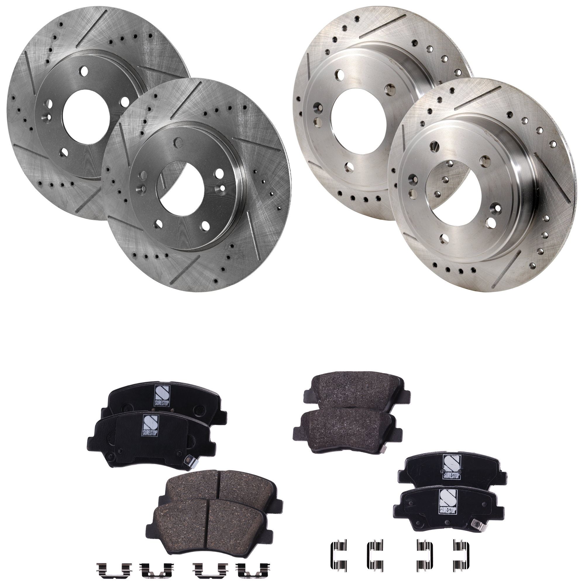 AM VELOSTER 12-17 FORTE FORTE5-14-18 FRONT AND REAR BRAKE DISC AND PAD KIT 8 pc kit Cross drilled and Slotted SKU KIT 121622-10 OEM 44746-0833529-850287-60003037