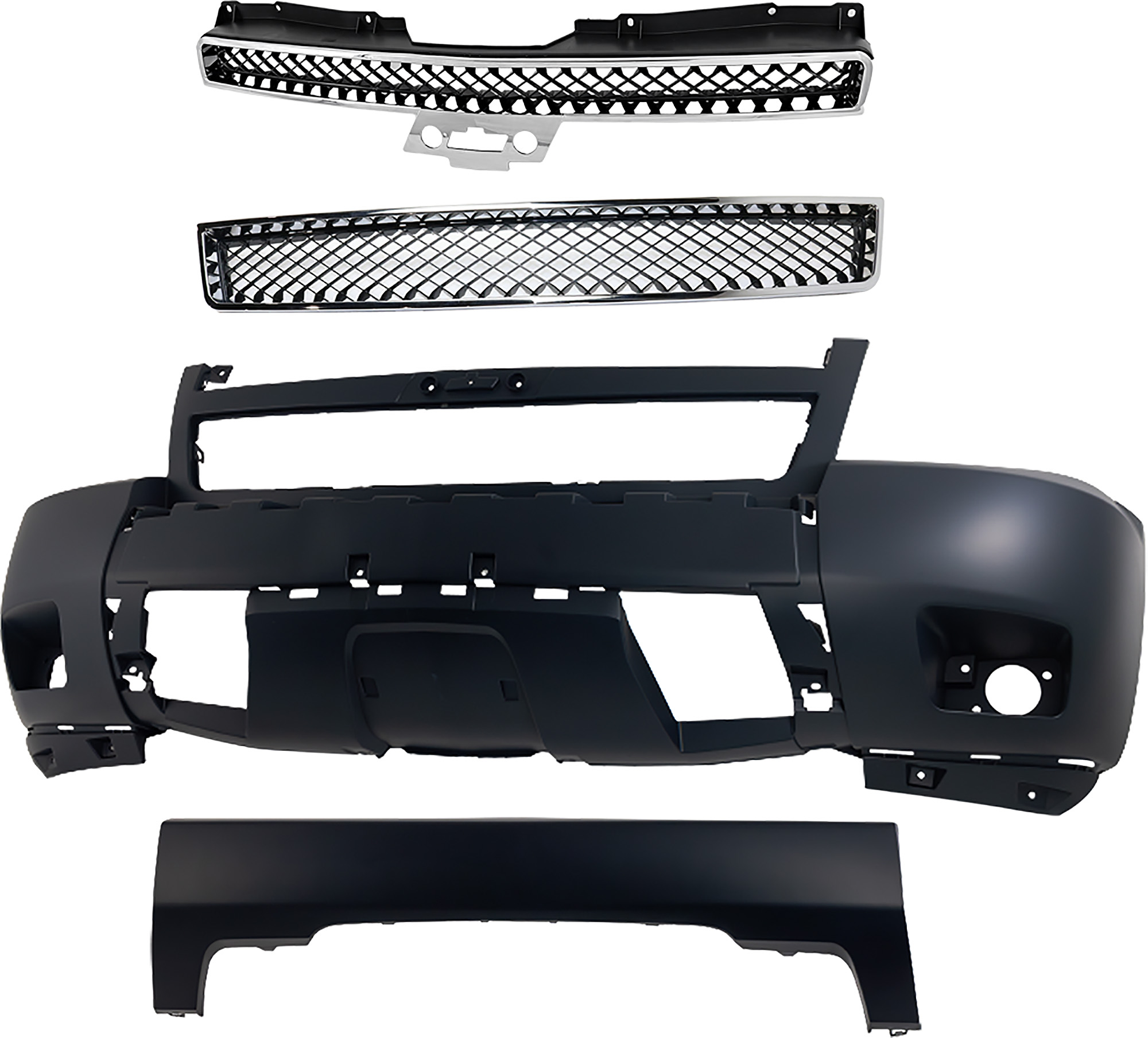 AM SUBURBAN 1500 TAHOE 07-14 FRONT BUMPER COVER 4 pc Kit with Bumper Grille and Grille SKU KIT 121717-136 Partslink GM1000830 GM1015113 GM1200553 GM1200563 OEM 22858370-25830185-15835084-228