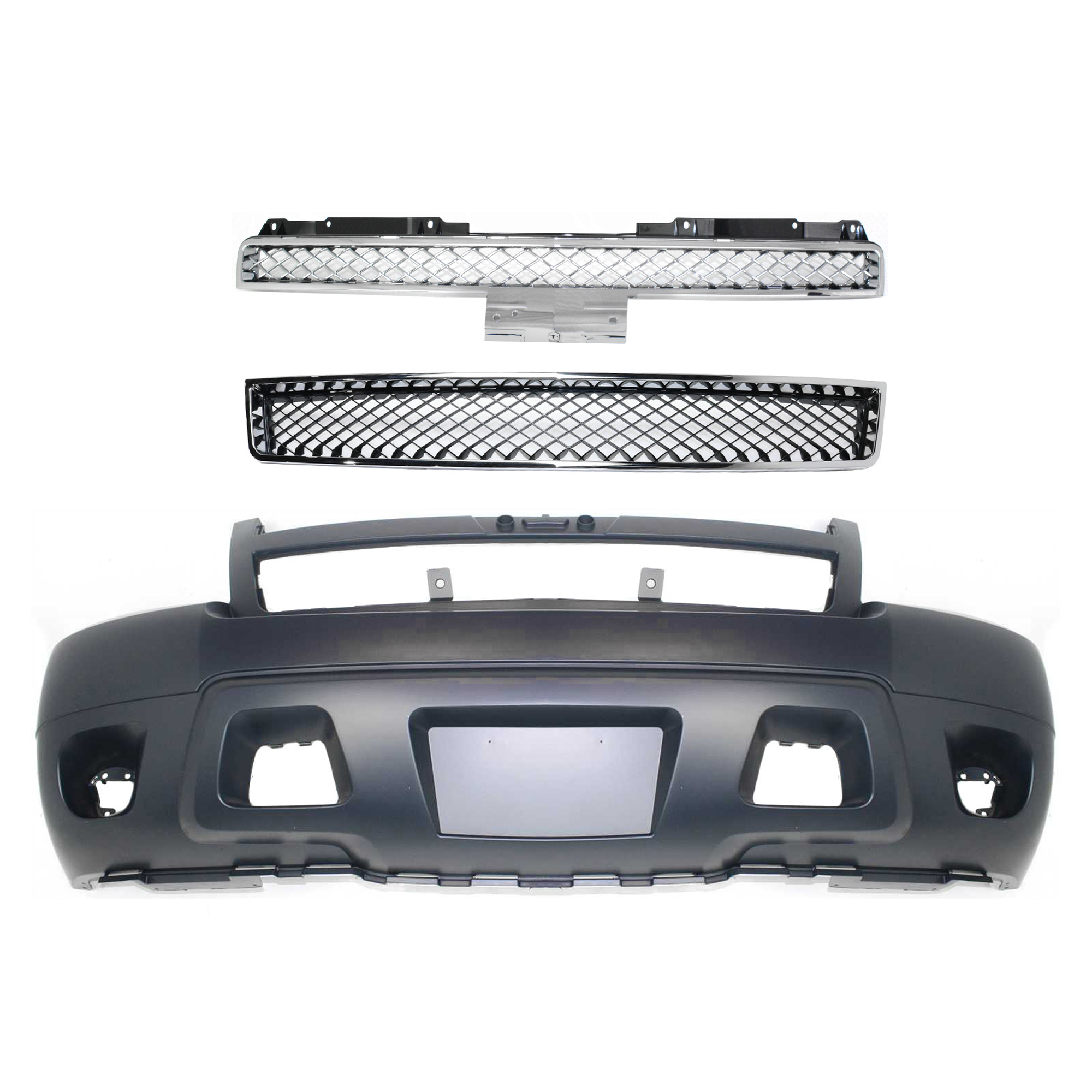 AM SUBURBAN 1500 TAHOE 07-14 FRONT BUMPER COVER 3 pc Kit with Bumper Grille and Grille w o Off Road Pkg SKU KIT 121717-143 Partslink GM1000817 GM1200553 GM1200596 OEM 25814570-15835084-19260238
