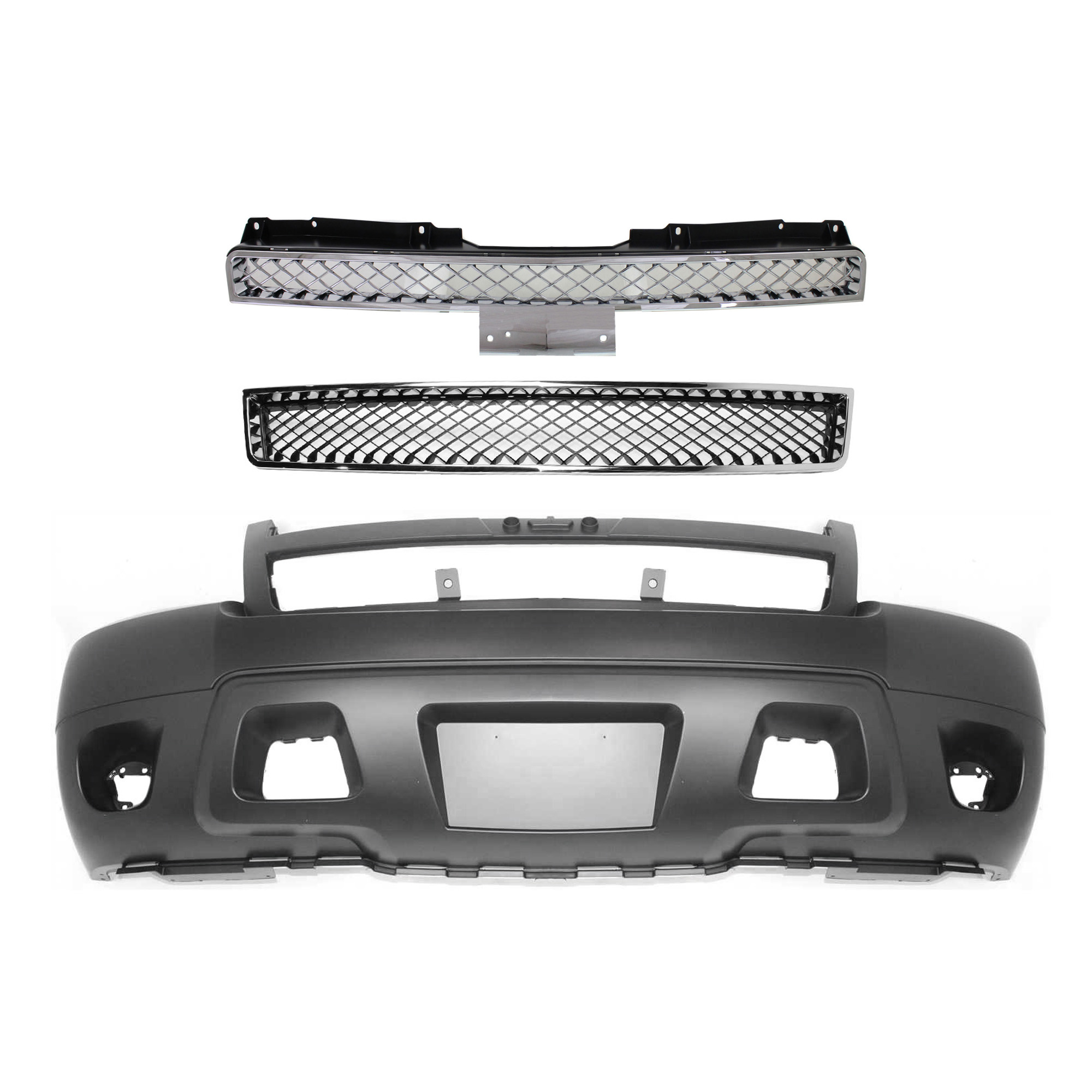 AM SUBURBAN 1500 TAHOE 07-14 FRONT BUMPER COVER 3 pc Kit with Bumper Grille and Grille w o Off Road Pkg SKU KIT 121717-144 Partslink GM1000817 GM1200553 GM1200590 OEM 25814570-15835084-22830012
