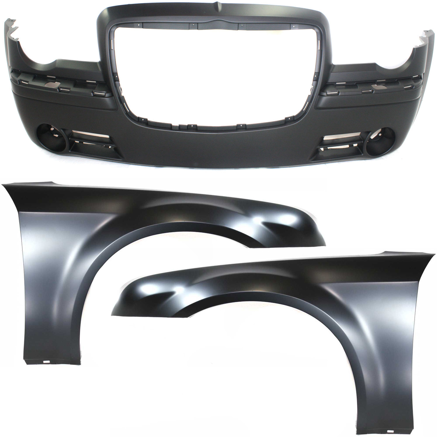 AM CHRYSLER 300-05-10C FRONT BUMPER COVER 3 pc Kit with Fenders SKU KIT 121717-70 Partslink CH1000441 CH1240245 CH1241245 OEM 4805774AD 5183423AB 5183422AB