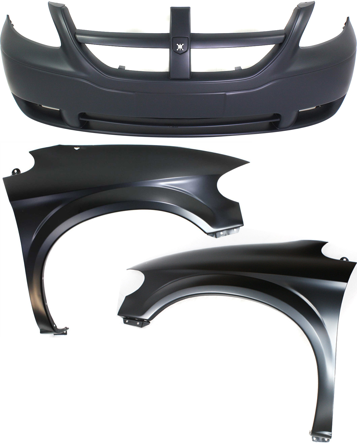 AM CARAVAN 05-07 FRONT BUMPER COVER 3 pc Kit with Fenders SKU KIT 121717-82 Partslink CH1000431 CH1240228 CH1241228 OEM 5139117AA 5018443AB 5018442AB