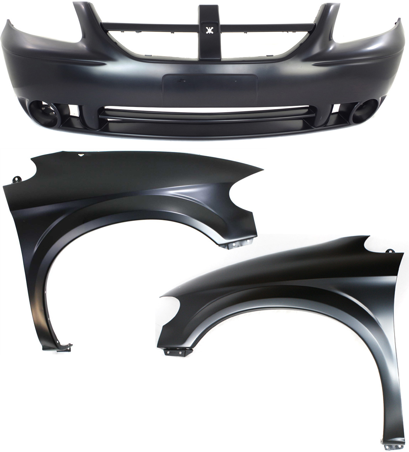 AM CARAVAN 05-07 FRONT BUMPER COVER 3 pc Kit with Fenders SKU KIT 121717-83 Partslink CH1000430 CH1240228 CH1241228 OEM 5139118AA 5018443AB 5018442AB