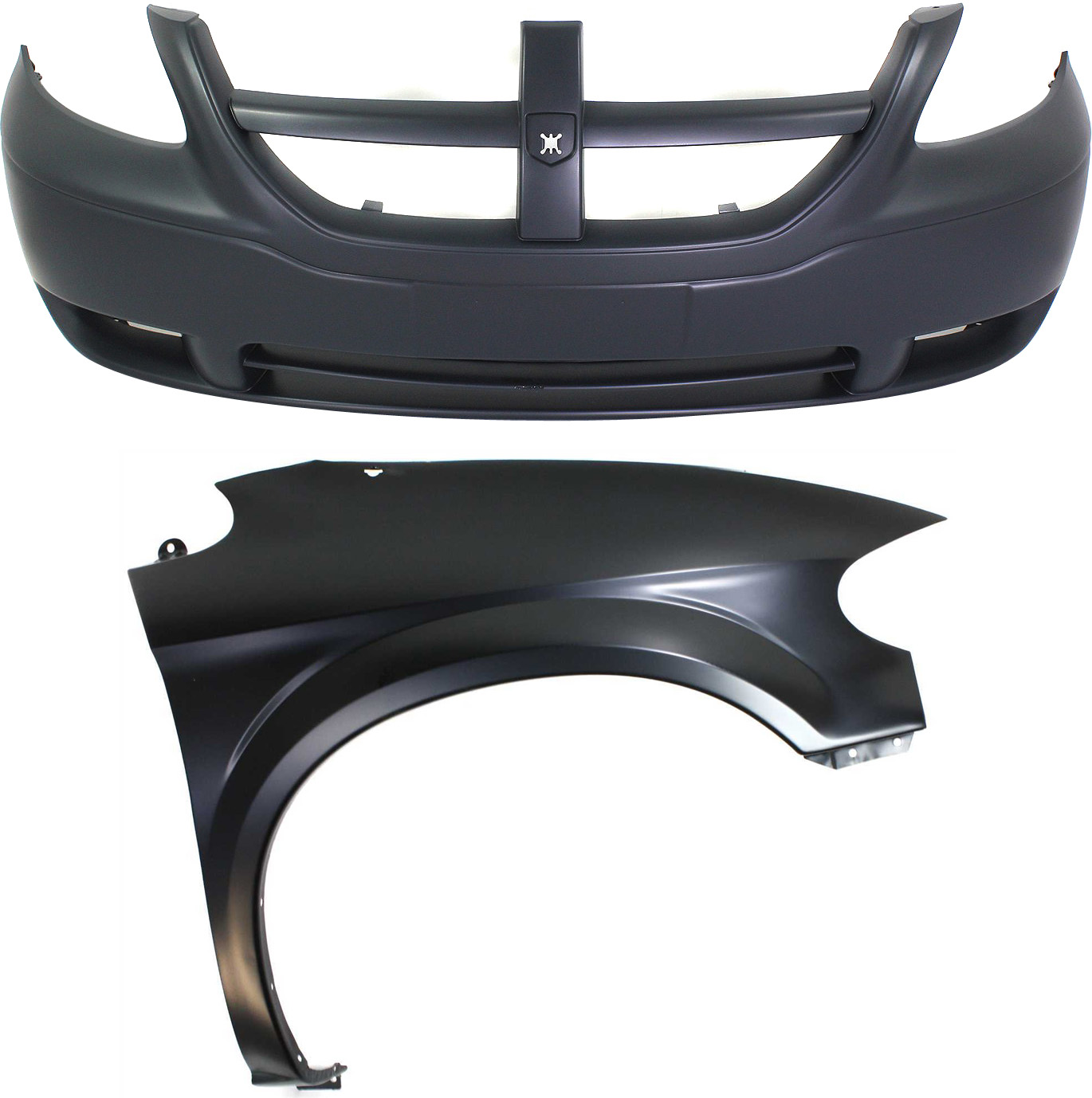 AM CARAVAN 05-07 FRONT BUMPER COVER 2 pc Kit with Fender SKU KIT 121717-84 Partslink CH1000431 CH1241228 OEM 5139117AA 5018442AB